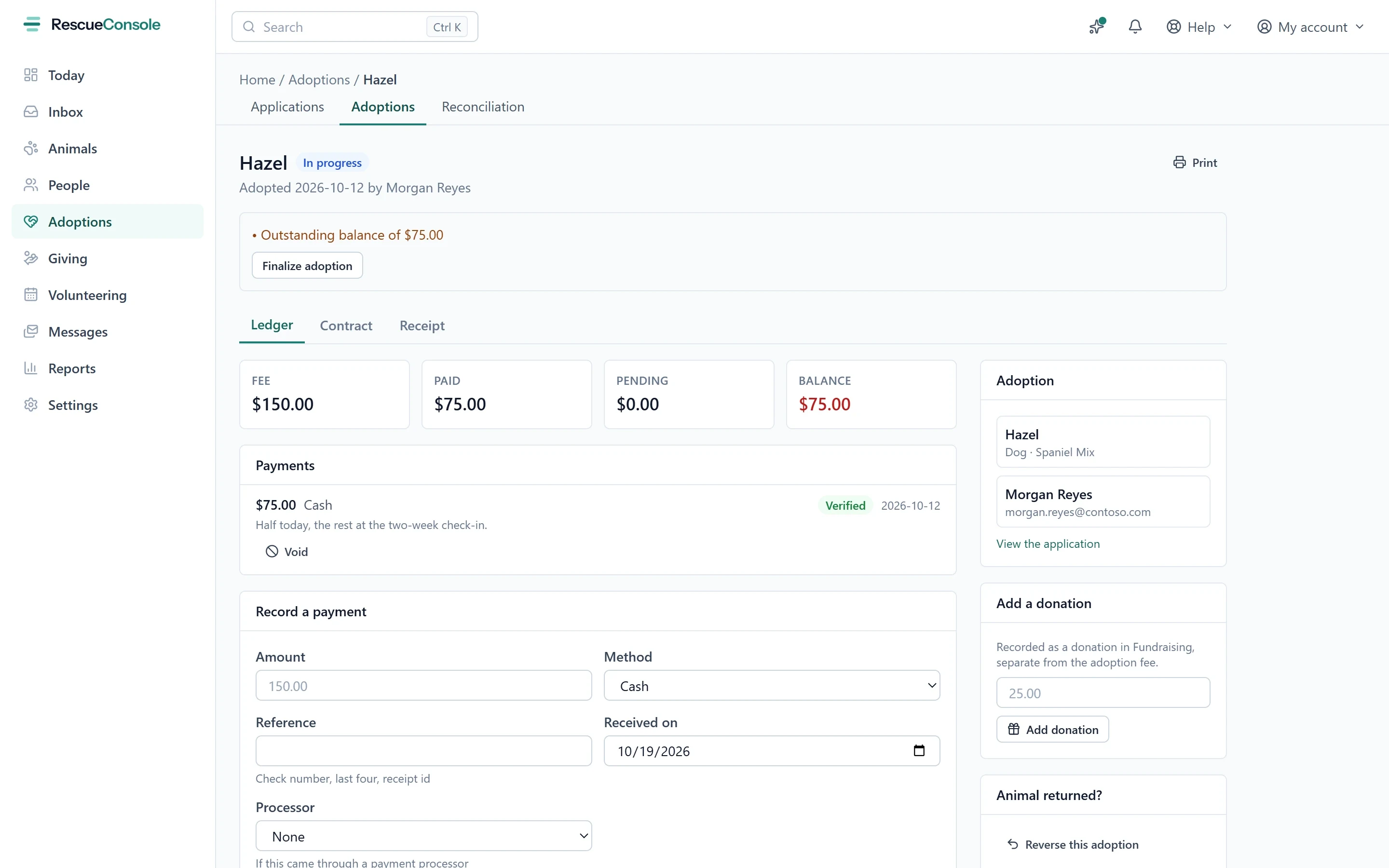 Hazel’s adoption, in progress: the fee, what is paid and the balance, a cash payment with its note, a form to record another payment, and tabs for the contract and the receipt.