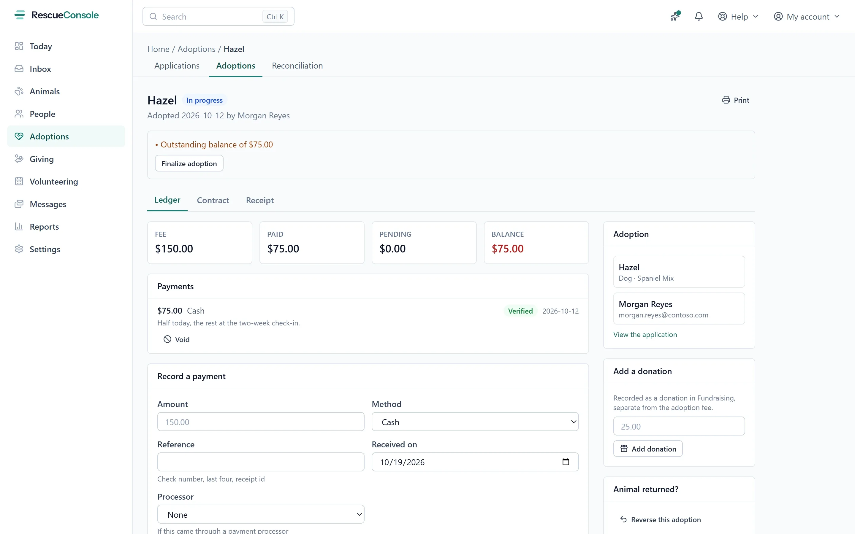 Hazel’s adoption, in progress: the fee, what is paid and the balance, a cash payment with its note, a form to record another payment, and tabs for the contract and the receipt. Open it larger.