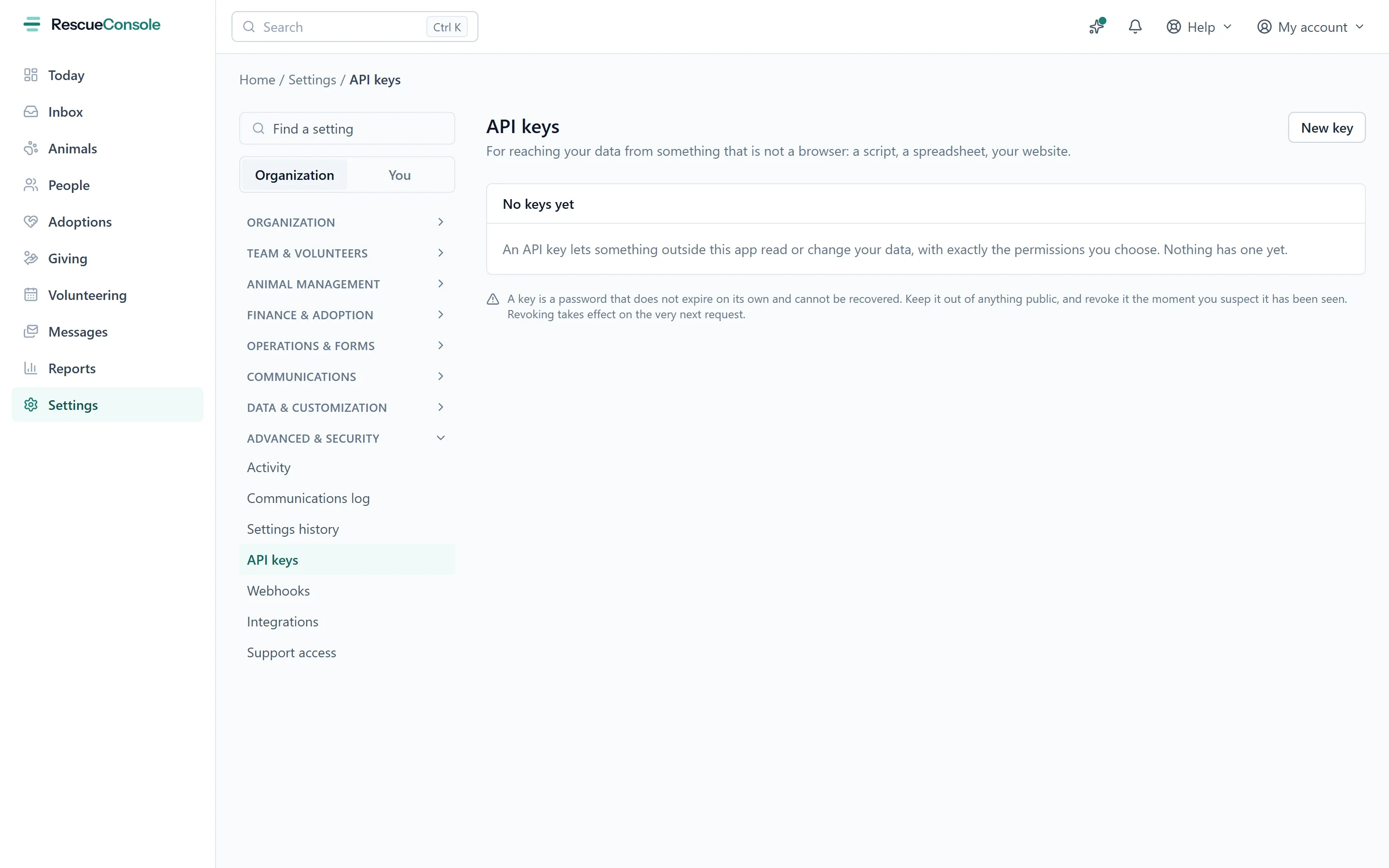 API keys in Settings: what a key lets something outside the app do, with exactly the permissions chosen, and New key.