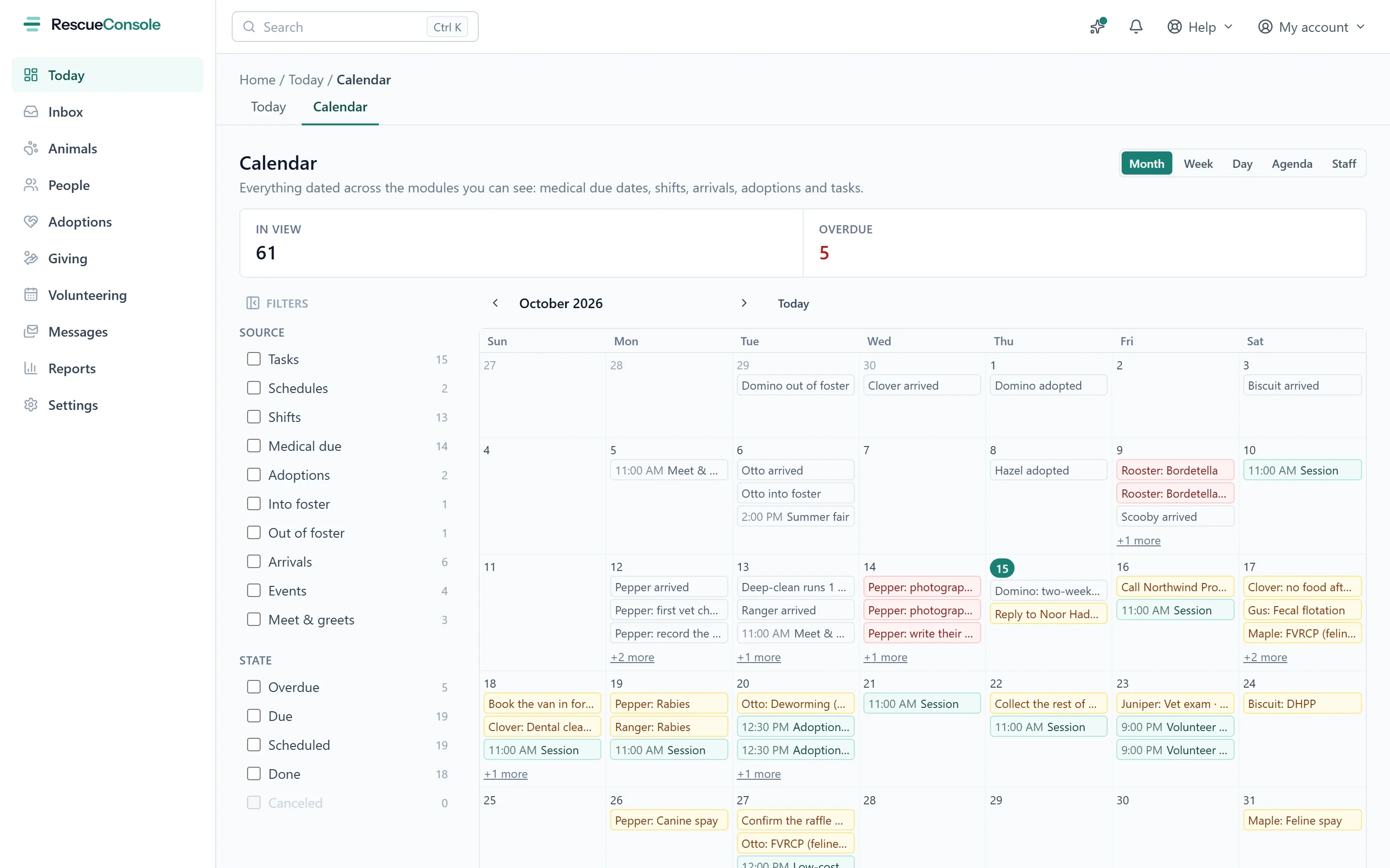 The calendar under Today, in month view: tasks, medical due dates, arrivals, shifts and events, with a rail that filters by where each comes from and whether it is overdue, due or done. Open it larger.