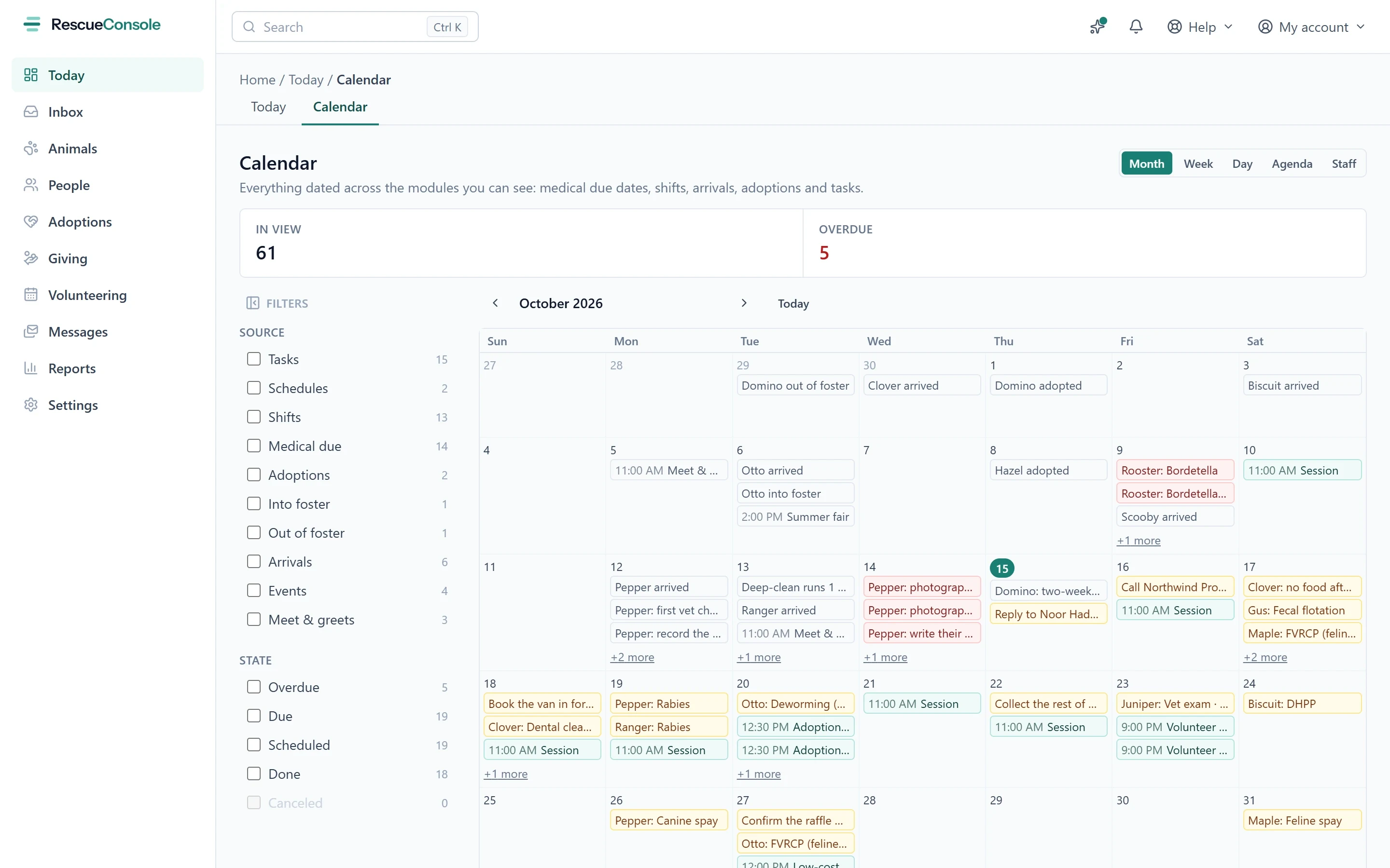 The calendar under Today, in month view: tasks, medical due dates, arrivals, shifts and events, with a rail that filters by where each comes from and whether it is overdue, due or done.