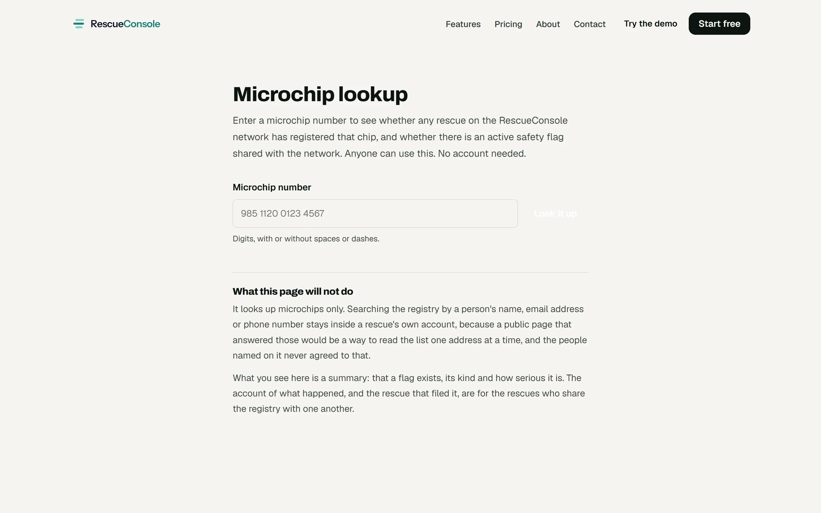 The public Microchip lookup on this site: a box for the chip number, and what the page will not do.
