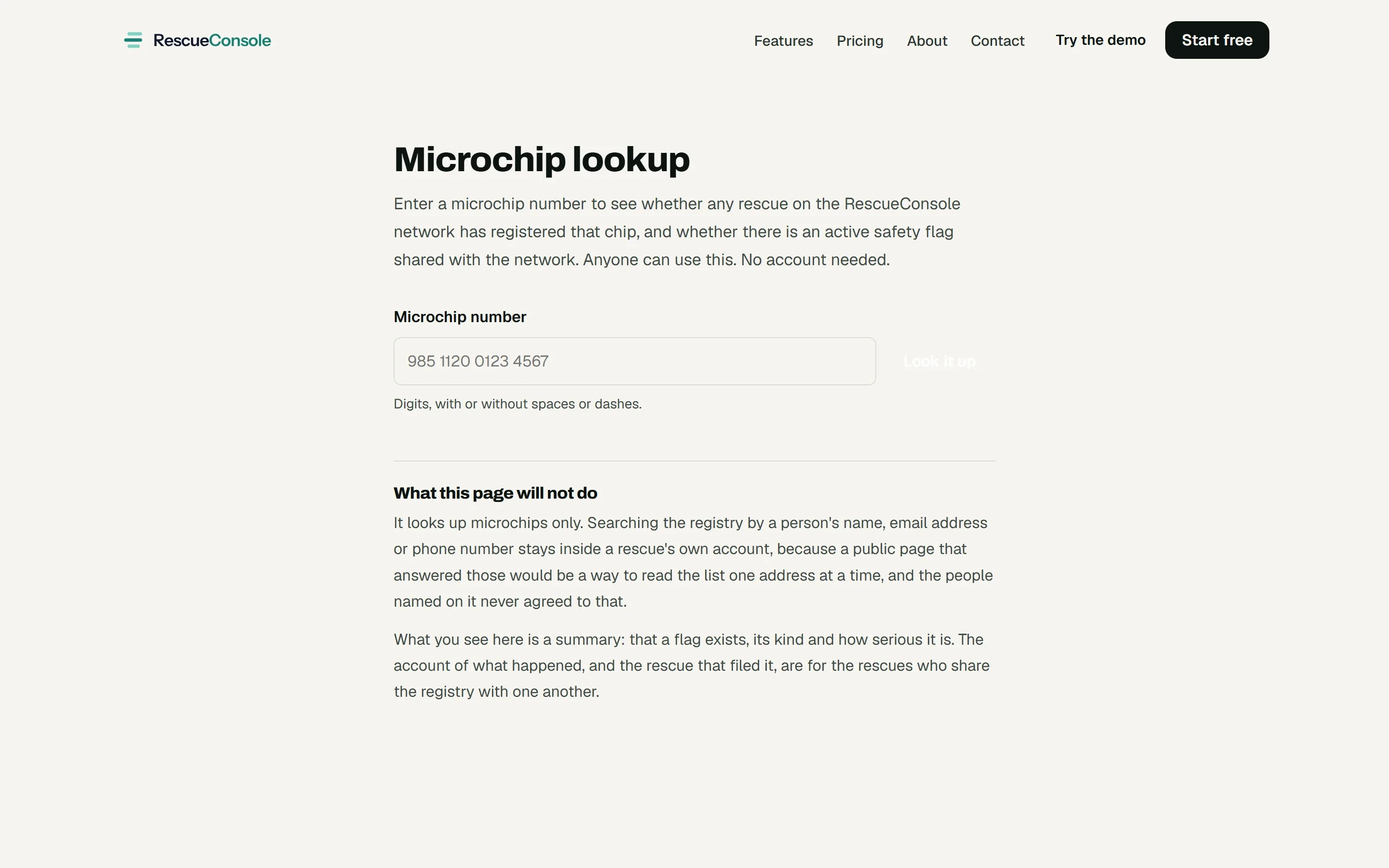 The public Microchip lookup on this site: a box for the chip number, and what the page will not do. Open it larger.