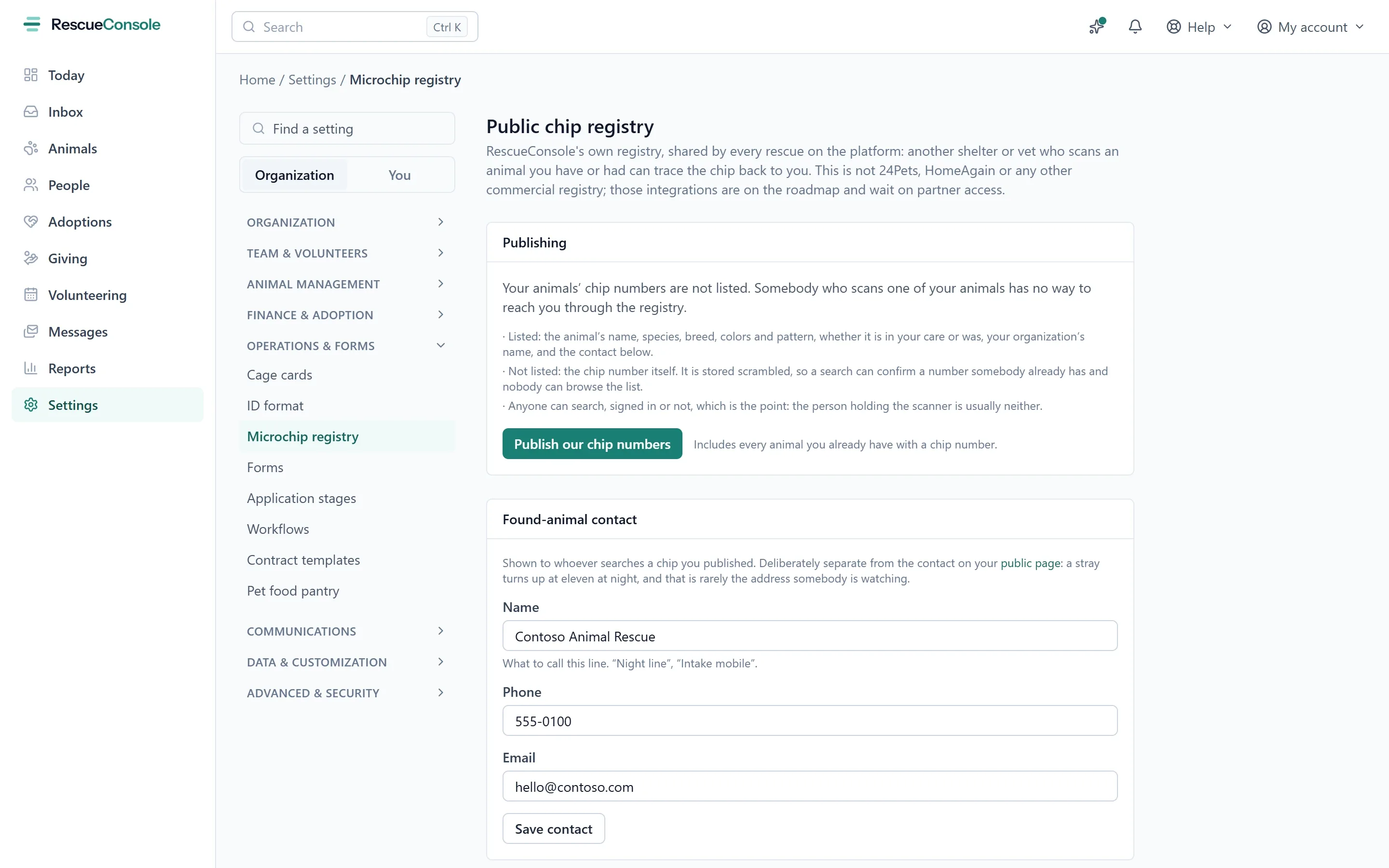 The Microchip registry settings: publishing the rescue’s own chip numbers to the registry, and the contact a finder reaches, kept apart from the public details. Open it larger.