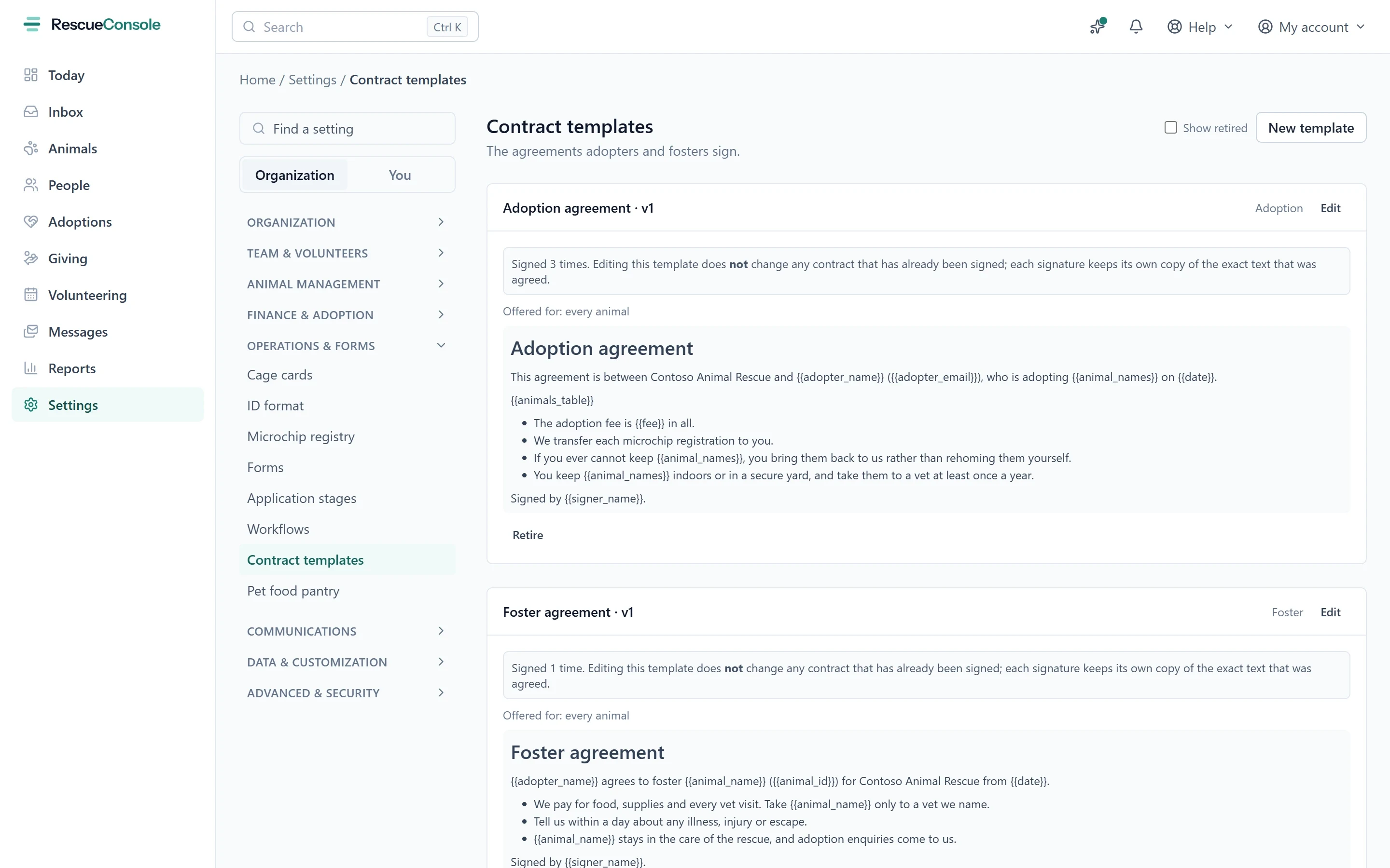 Contract templates in Settings: the adoption and foster agreements, written like an email, with the names and the animal filled in from the record when one is signed.
