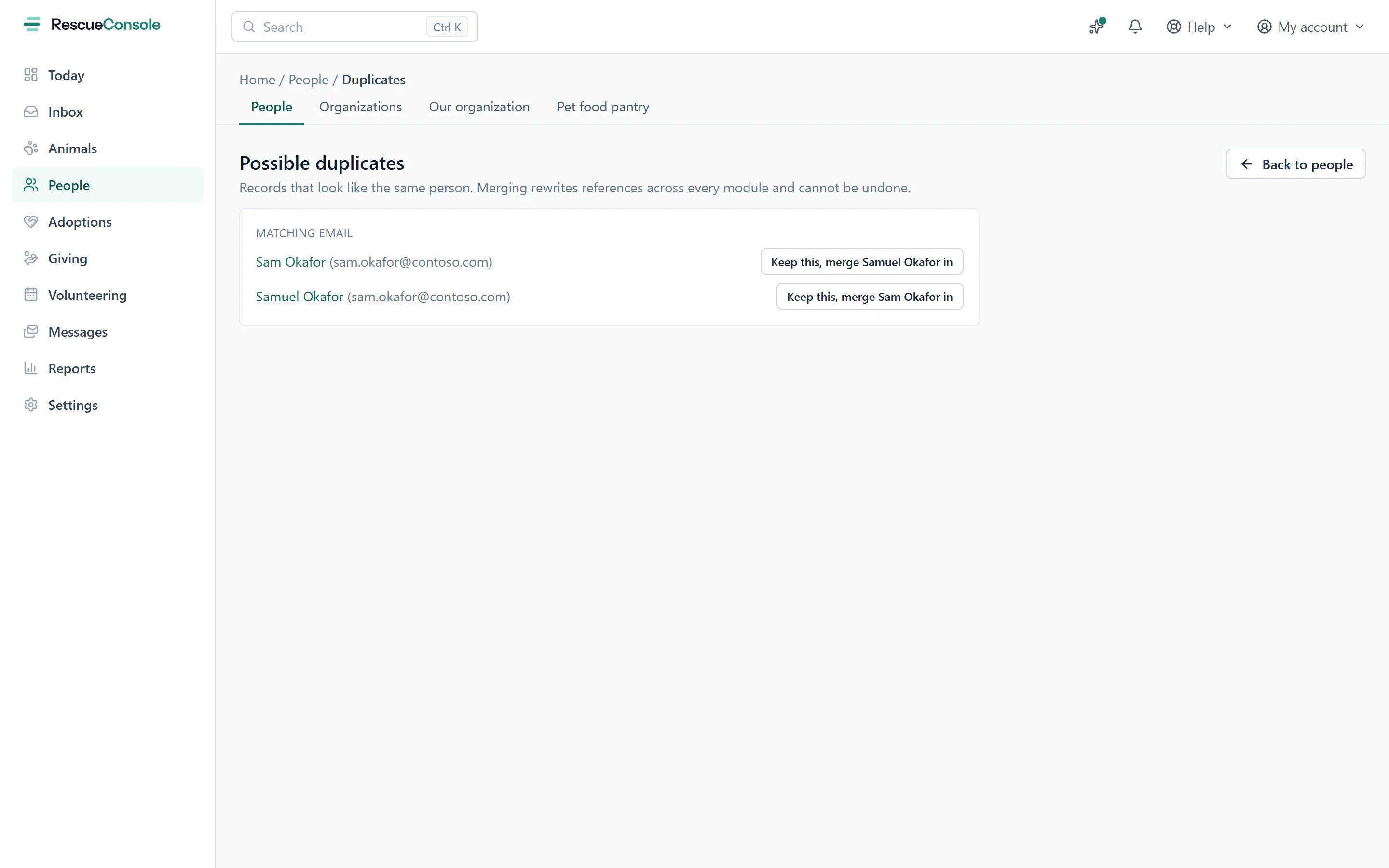 Possible duplicates under People: two records for the same person matched by email, each with a button to keep it and merge the other into it. Open it larger.