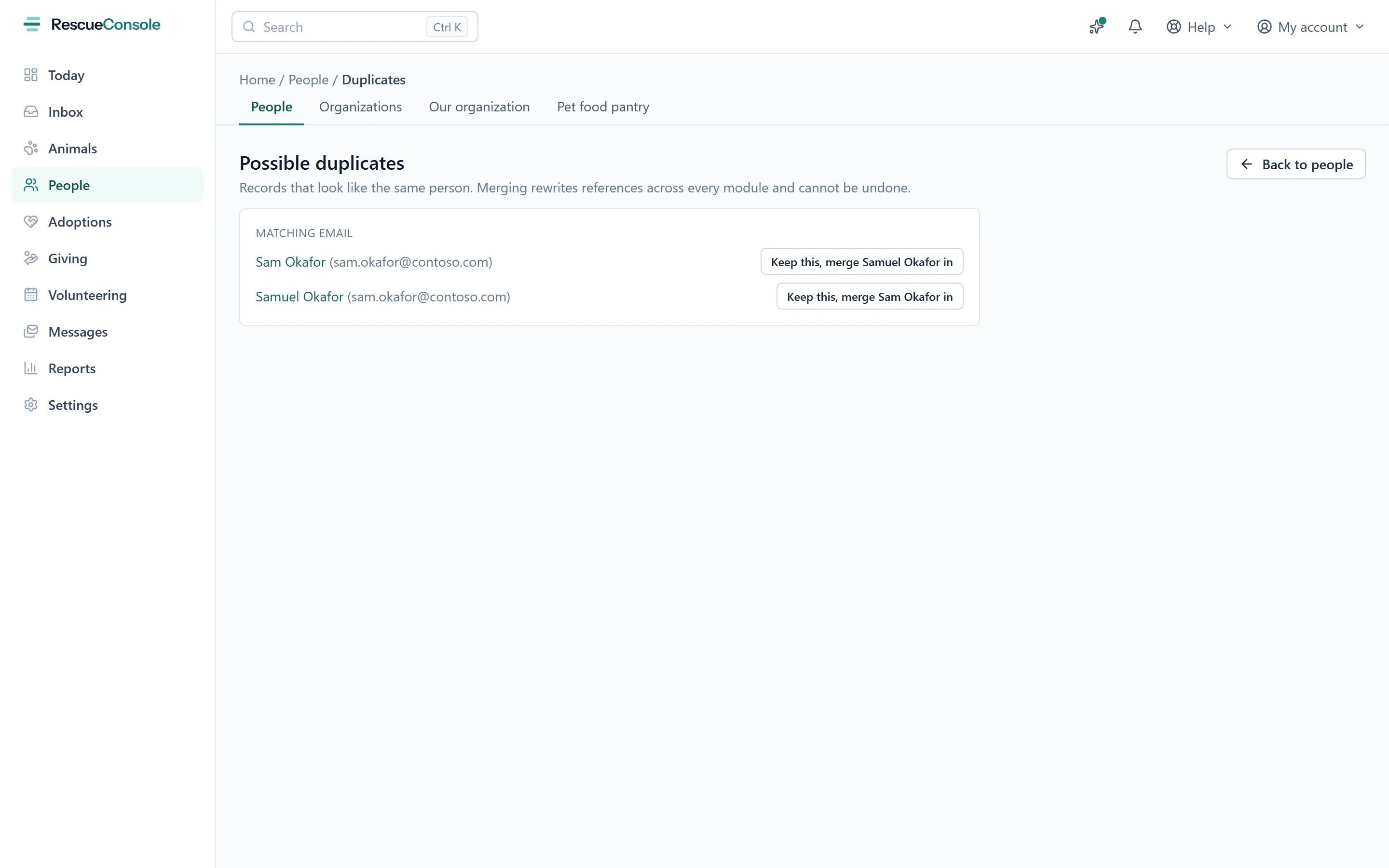 Possible duplicates under People: two records for the same person matched by email, each with a button to keep it and merge the other into it.