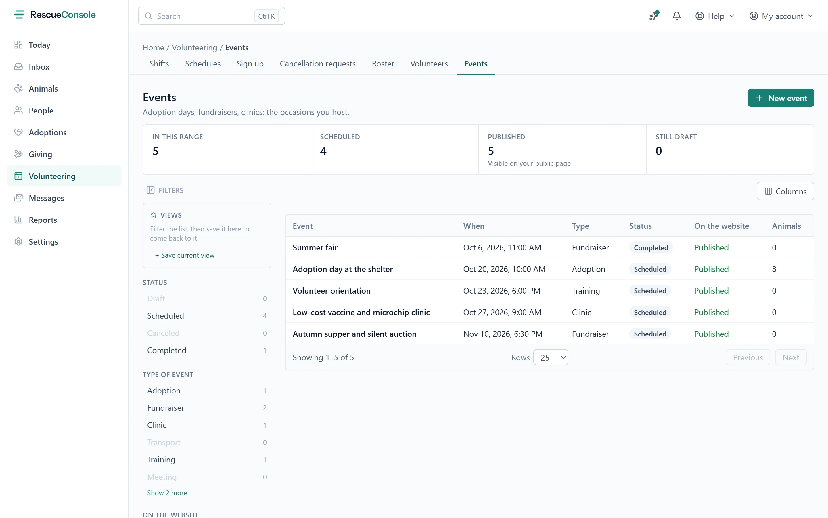 The Events list: each event with its date, type and status, whether it is published on the website, and how many animals are going.