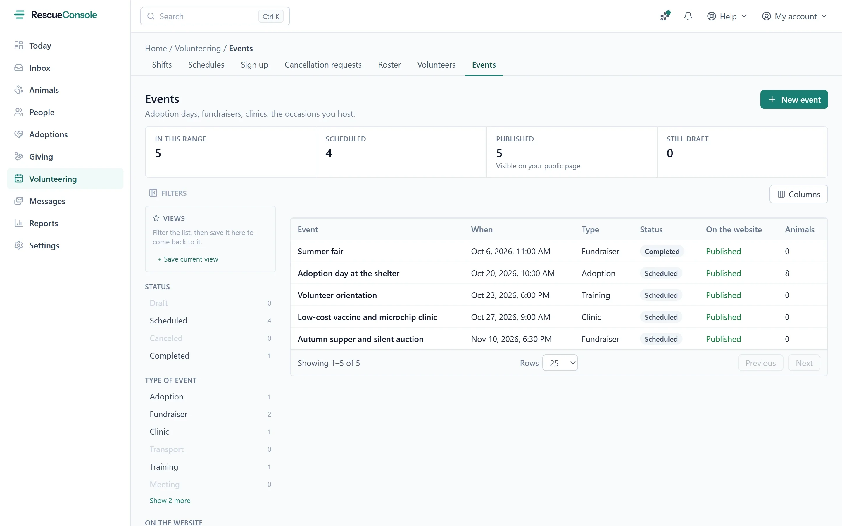 The Events list: each event with its date, type and status, whether it is published on the website, and how many animals are going. Open it larger.