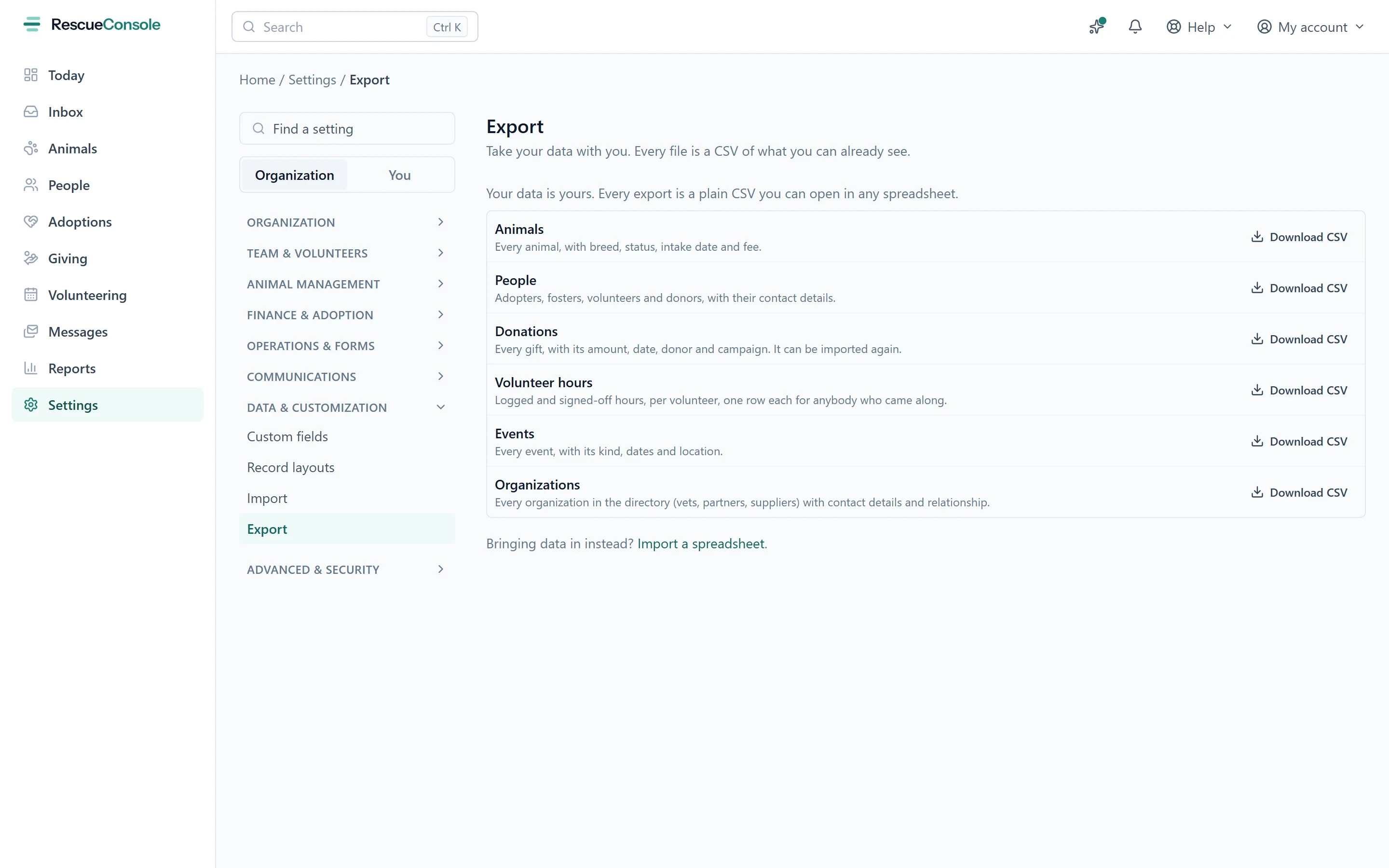Export in Settings: animals, people, donations, volunteer hours, events and organizations, each a CSV to download.