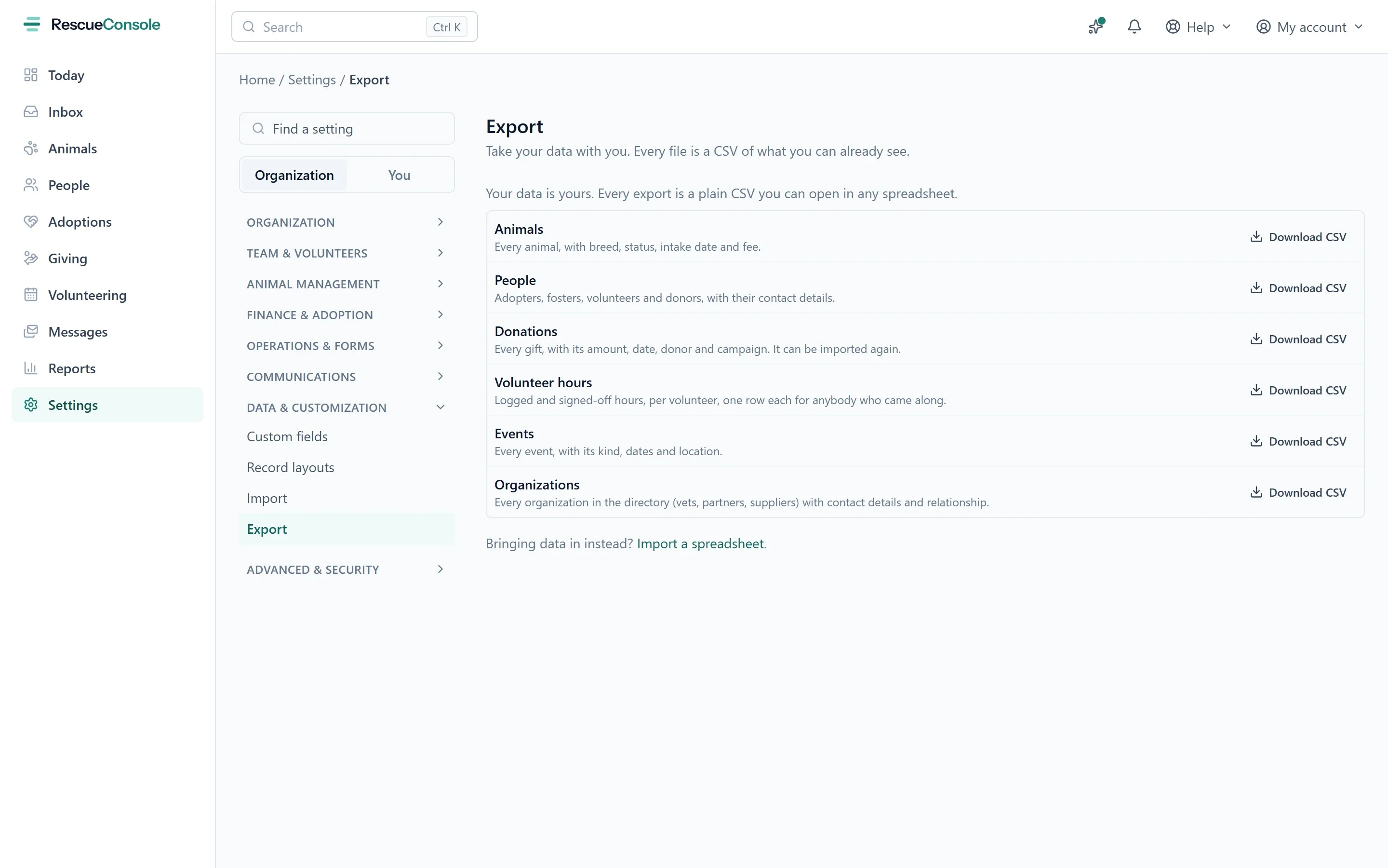 Export in Settings: animals, people, donations, volunteer hours, events and organizations, each a CSV to download. Open it larger.