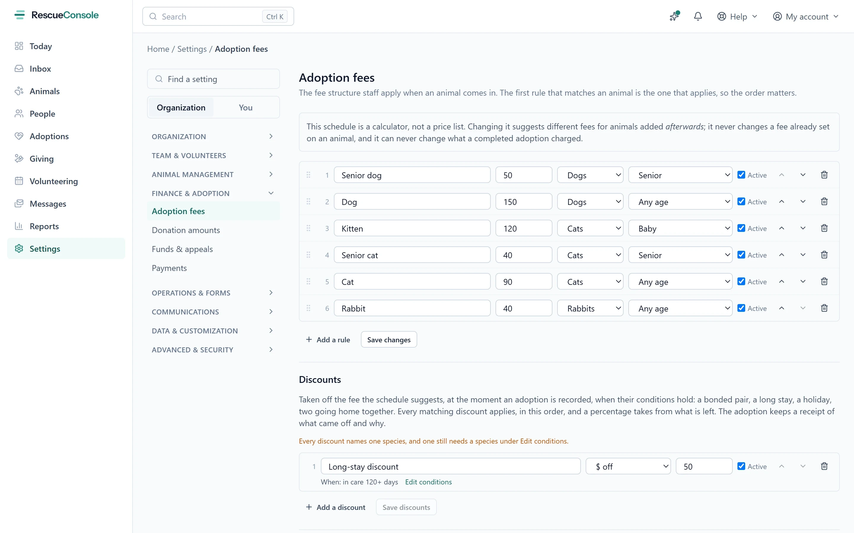 Adoption fees in Settings: a fee for each species and age group, a senior dog, a kitten and a rabbit among them, and a discount for a long stay.