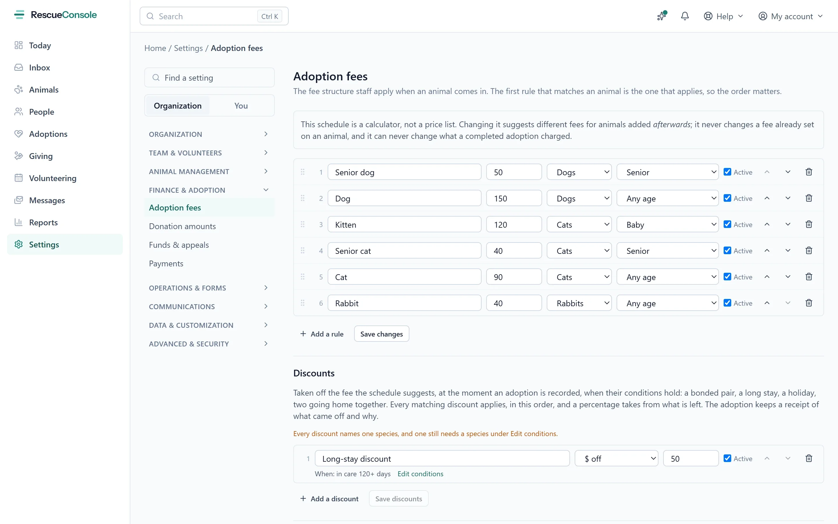 Adoption fees in Settings: a fee for each species and age group, a senior dog, a kitten and a rabbit among them, and a discount for a long stay. Open it larger.