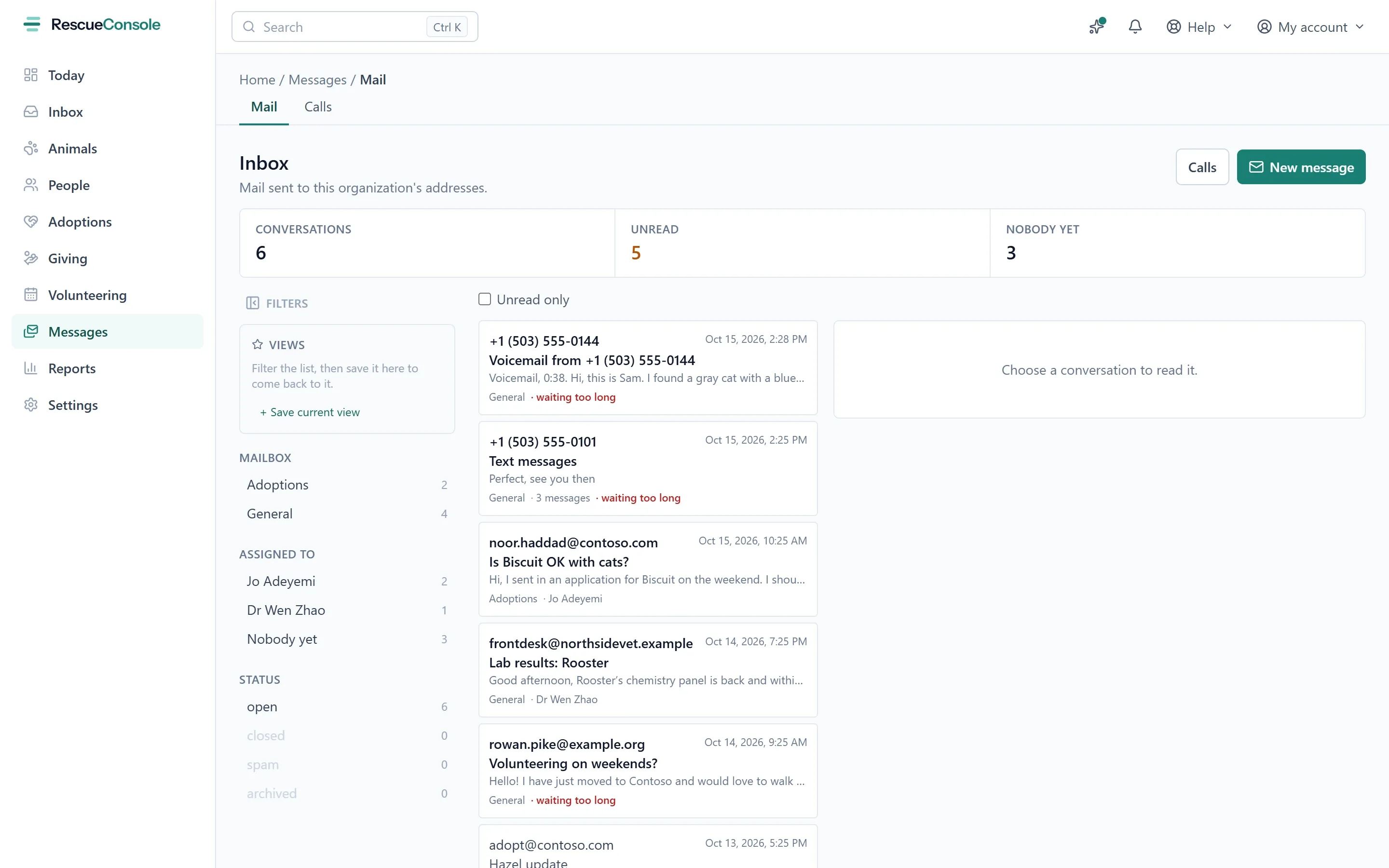 The shared inbox under Messages: counts of conversations, unread and not yet assigned, a rail of mailboxes and who has what, and the conversations, a voicemail and texts among them, marked when they have waited too long. Open it larger.