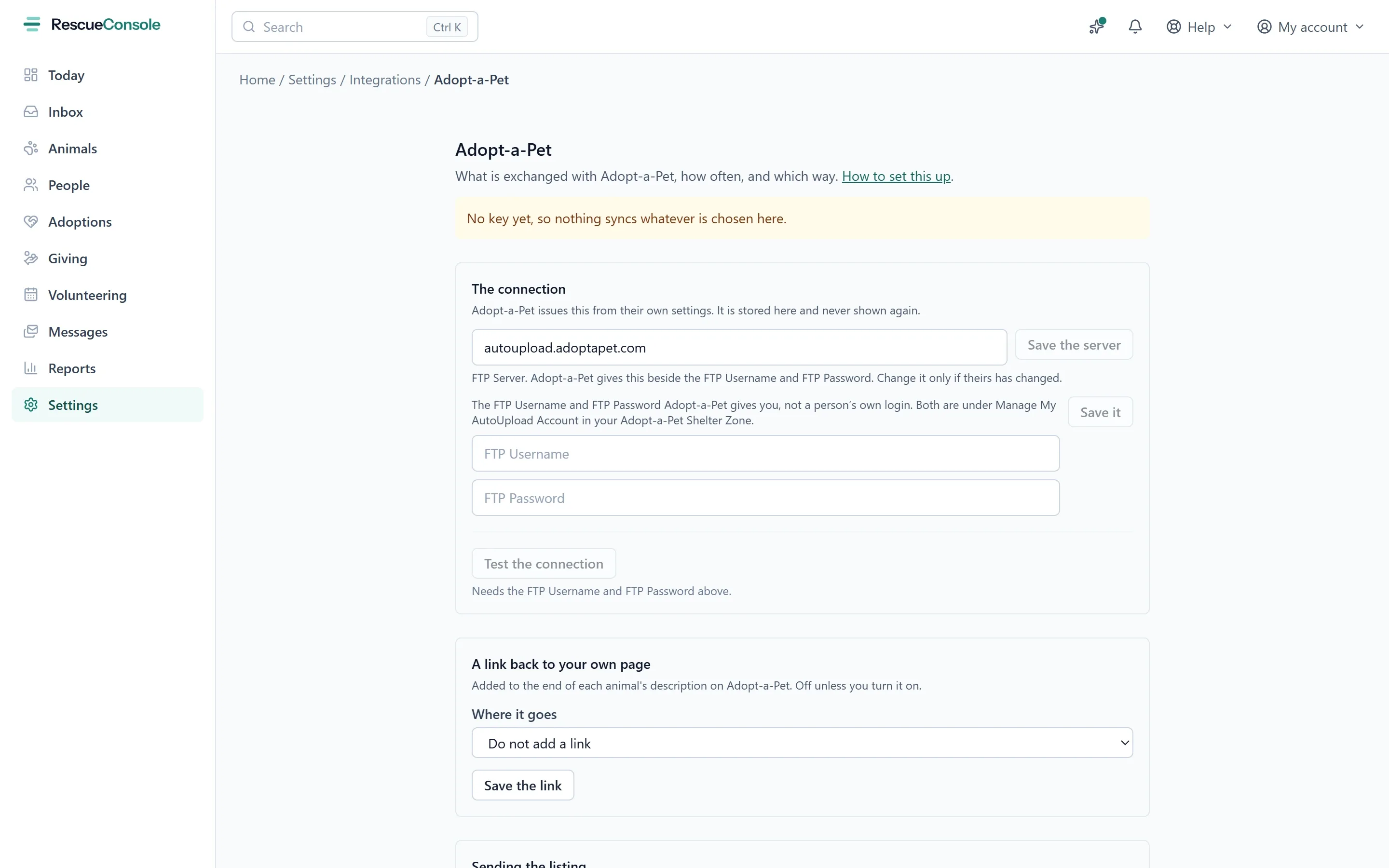 Adopt-a-Pet’s settings: the FTP server, username and password from their Shelter Zone, a link back to the rescue’s own page on each animal, and what sending the listing sends. Open it larger.