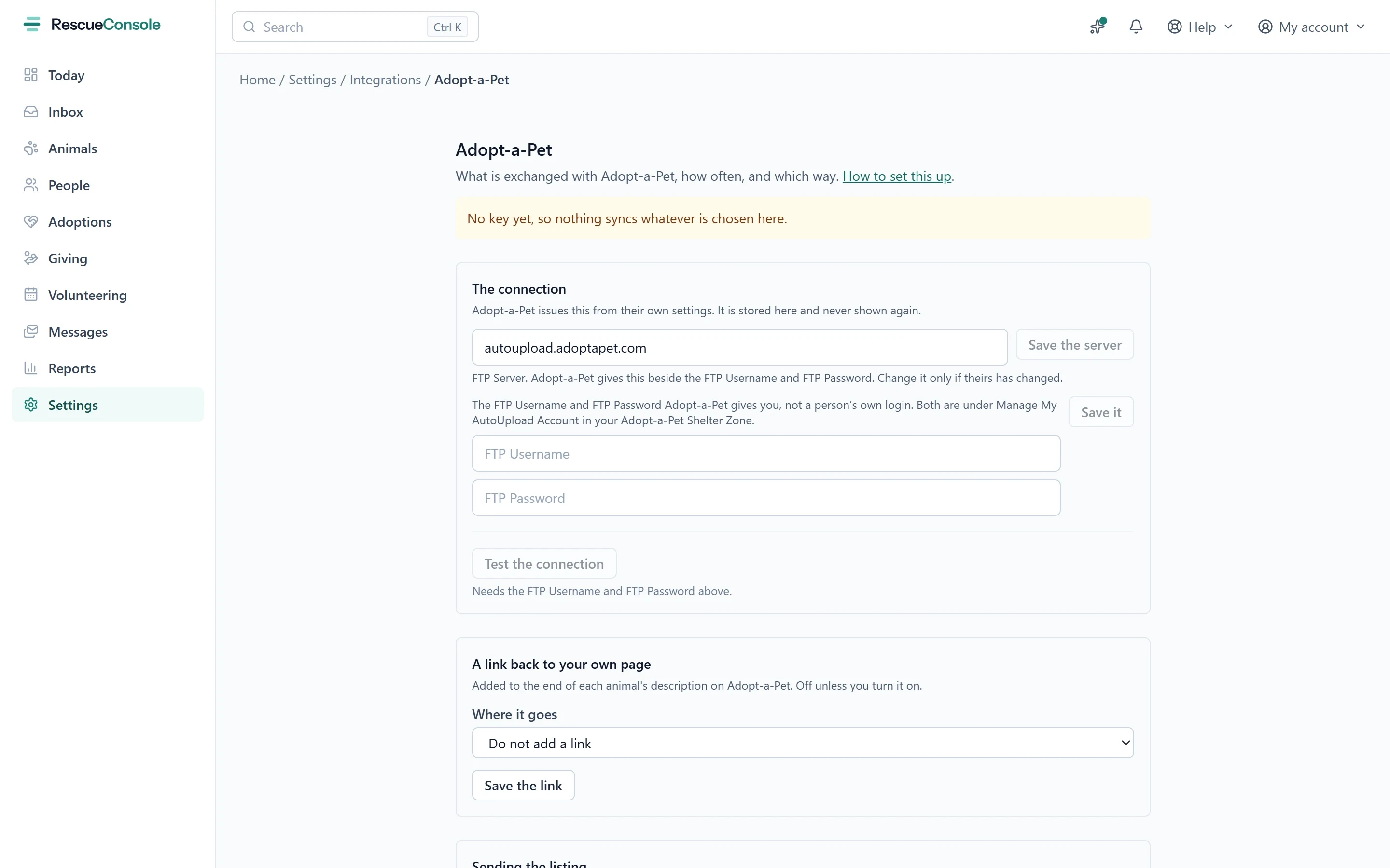 Adopt-a-Pet’s settings: the FTP server, username and password from their Shelter Zone, a link back to the rescue’s own page on each animal, and what sending the listing sends.