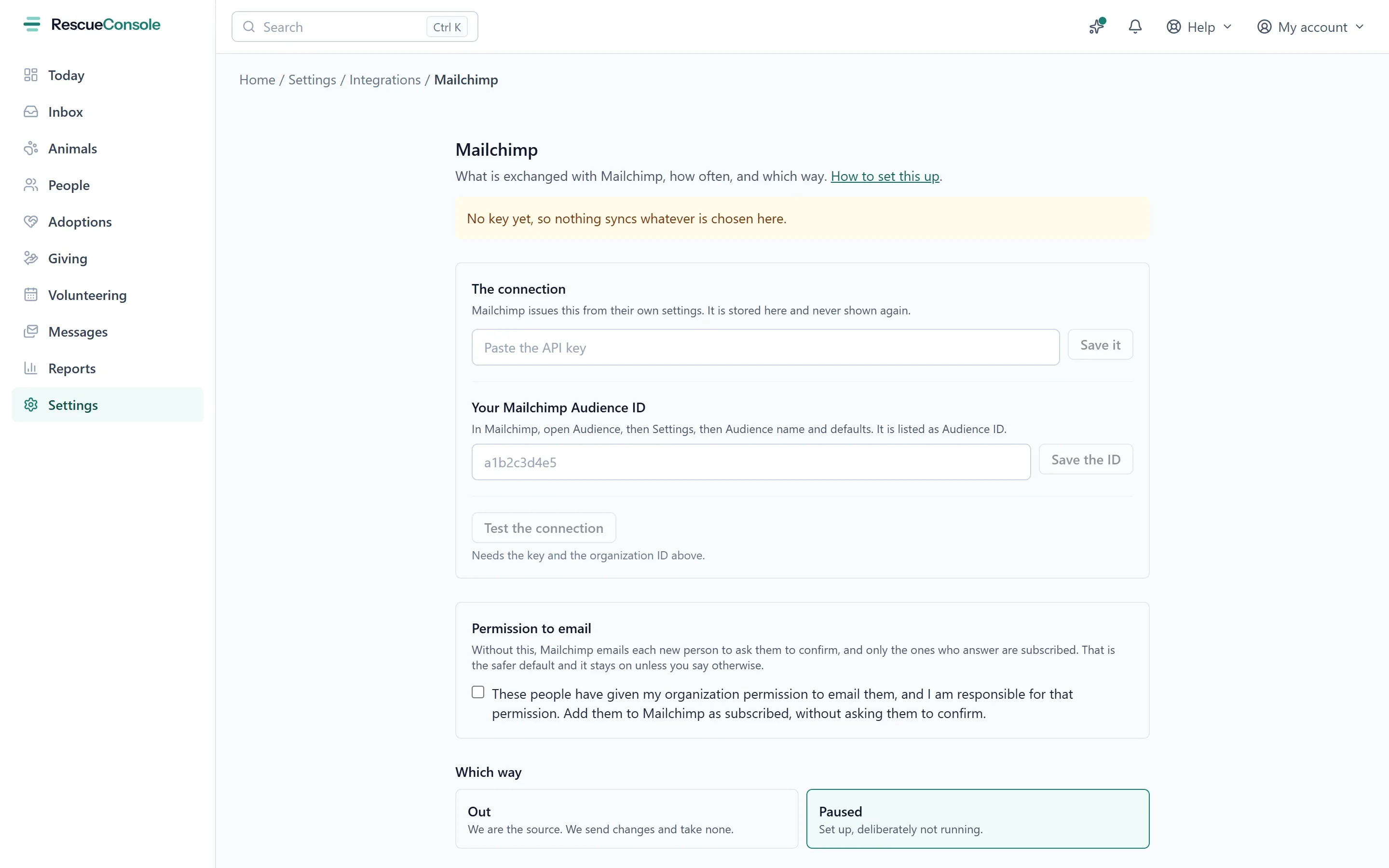 Mailchimp’s settings: the API key and the Audience ID it needs, the permission to email that the people sent must have given, and which way it runs. Open it larger.