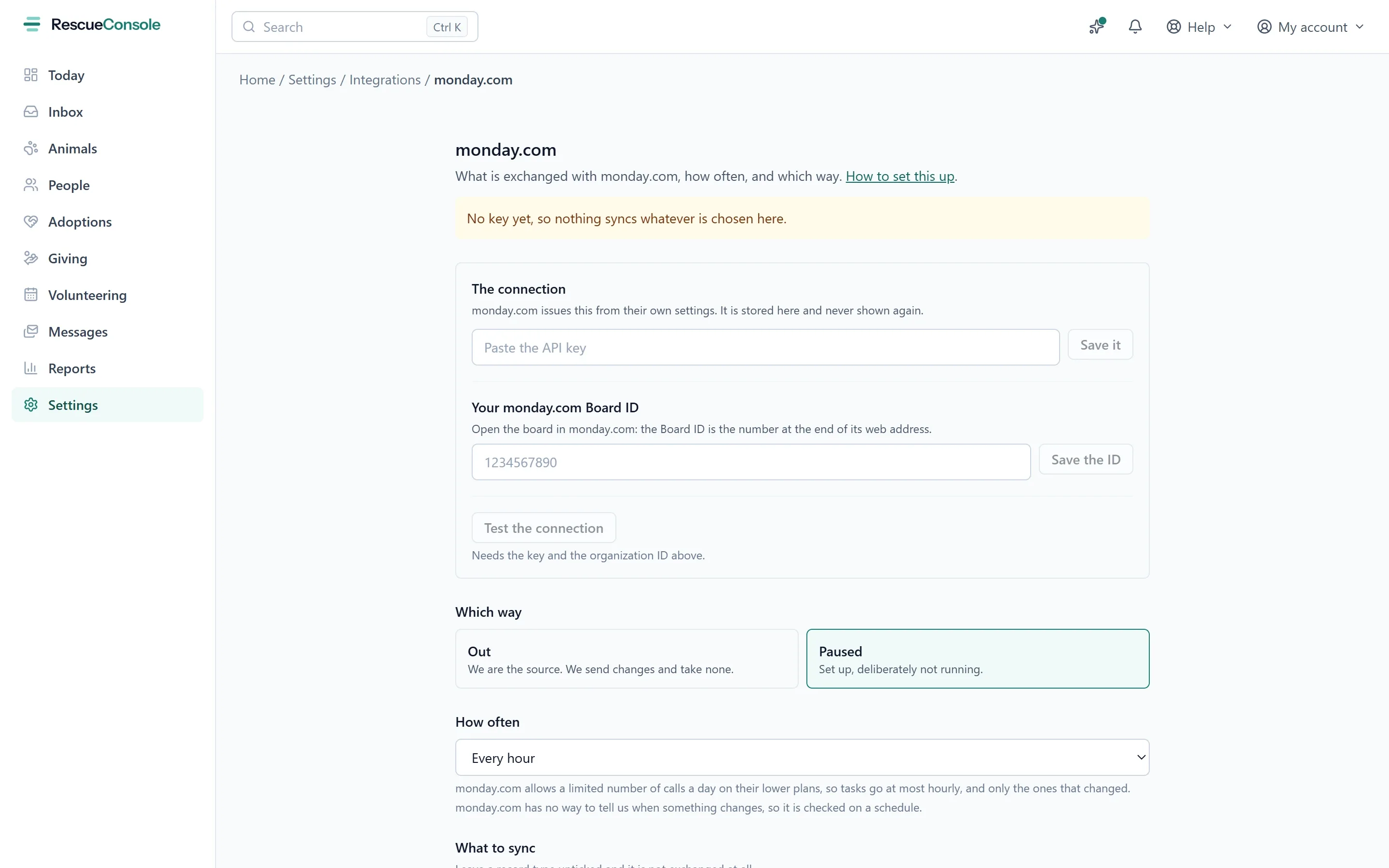 monday.com’s settings: the API key and the board ID that tasks go to, which way it runs and how often. Open it larger.