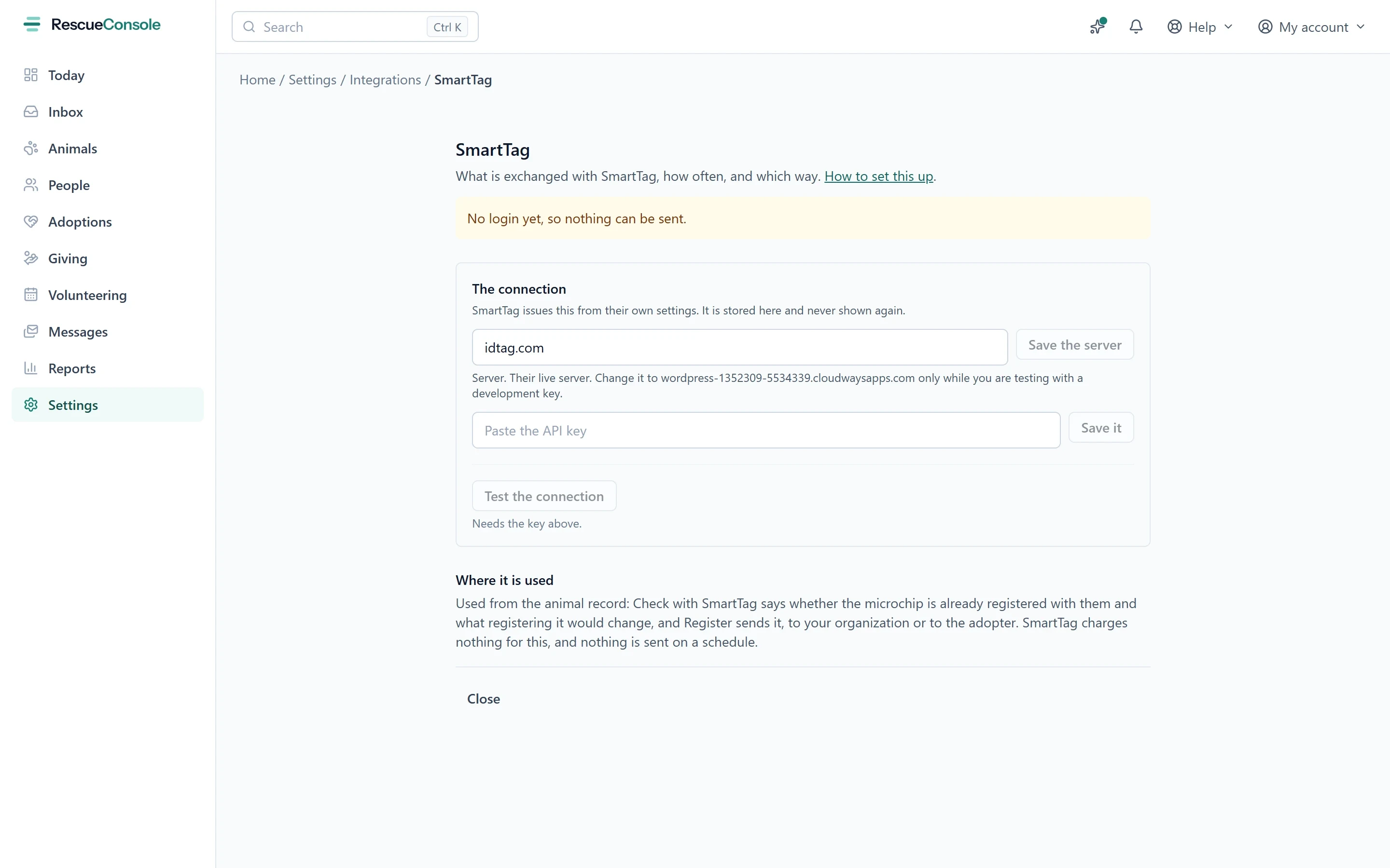 SmartTag’s settings: the server and the key it needs, and where it is used: from an animal’s record, to check a chip and to register it.