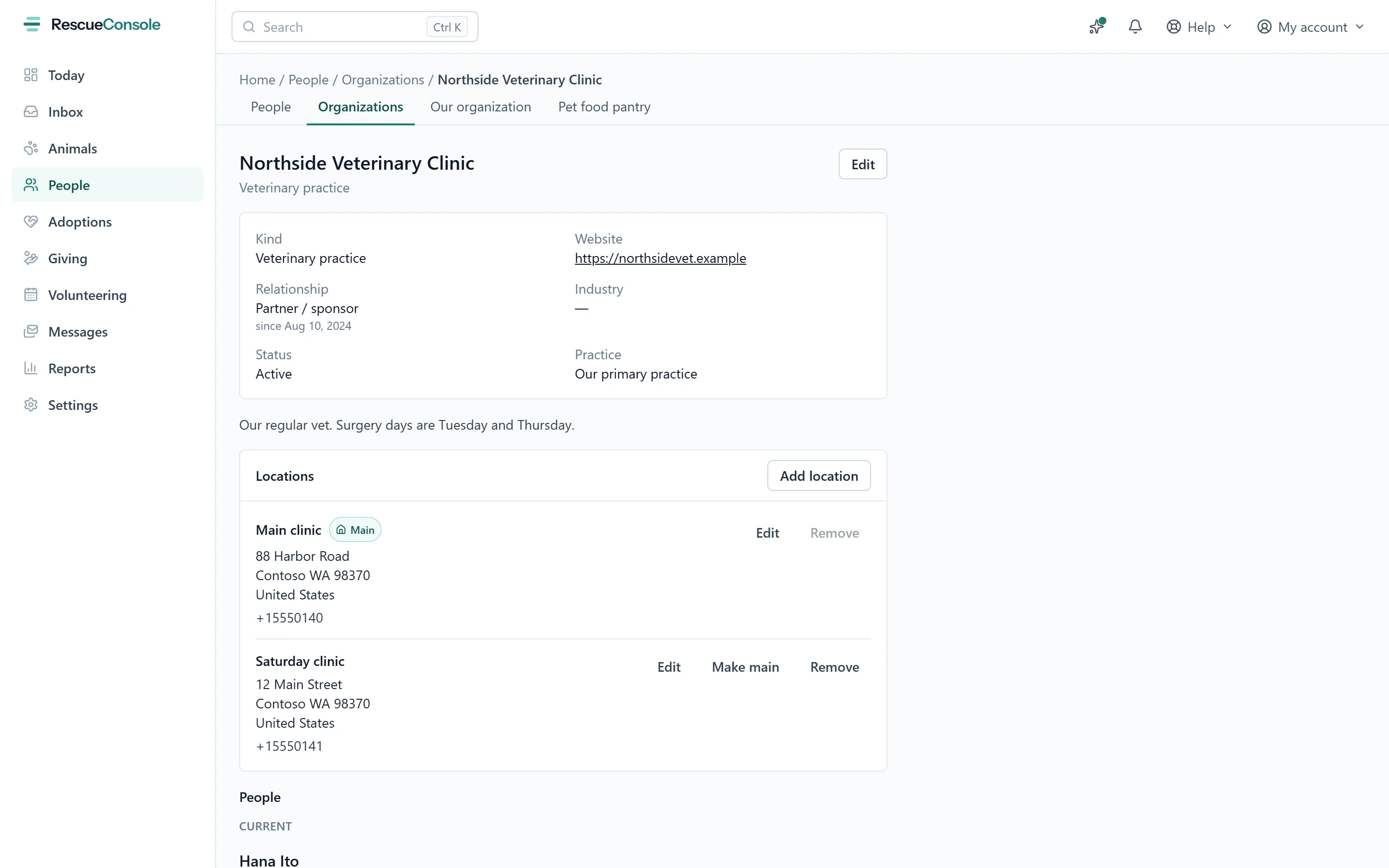A veterinary practice’s page: what it is, its relationship to the rescue (partner and sponsor) and its industry, then its two locations and the people who work there.
