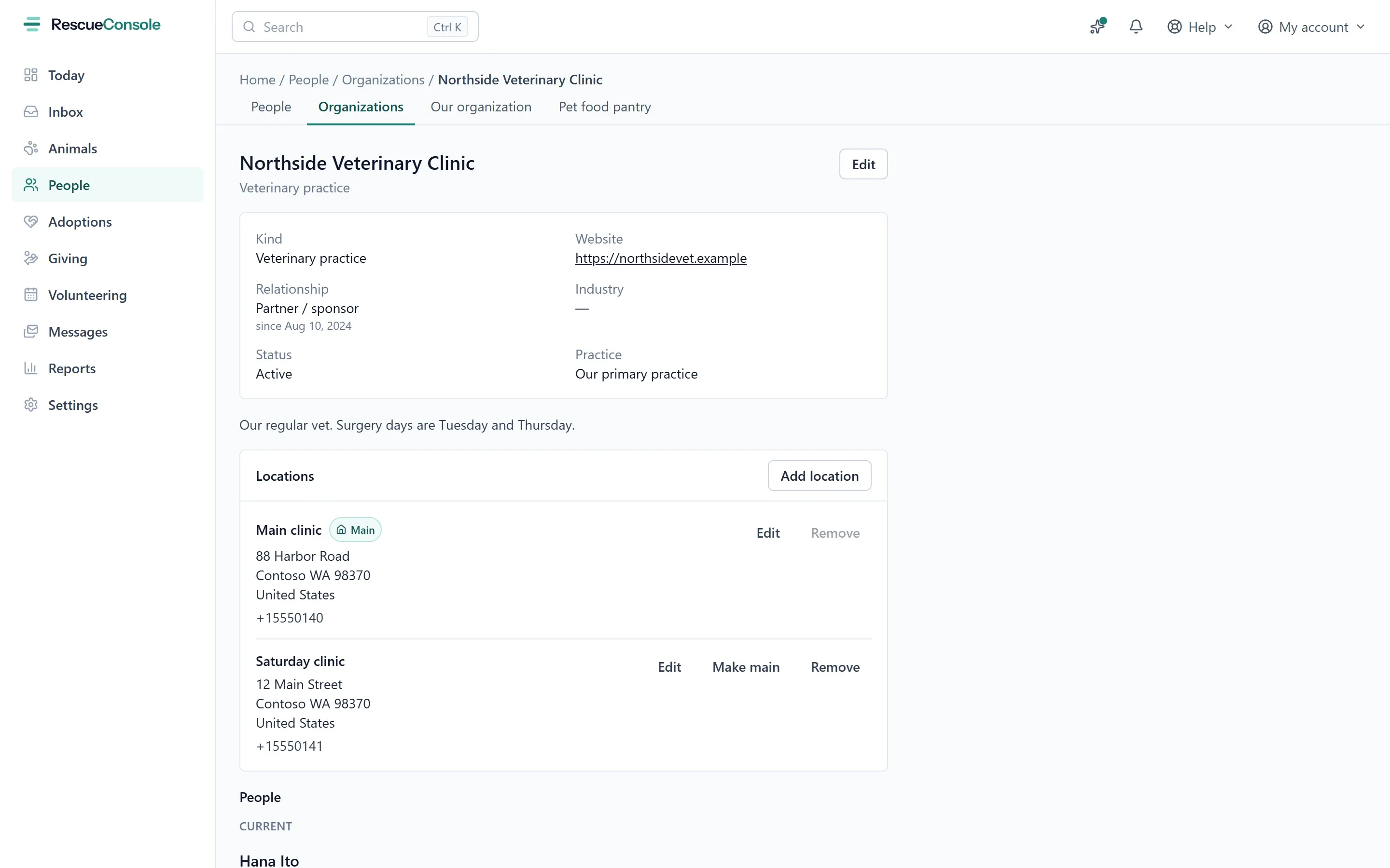 A veterinary practice’s page: what it is, its relationship to the rescue (partner and sponsor) and its industry, then its two locations and the people who work there. Open it larger.