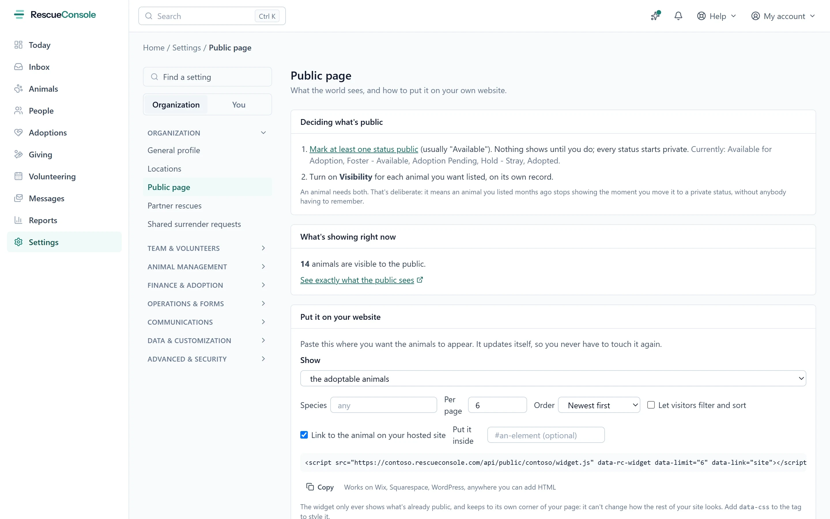 The Public page settings: how an animal becomes public, what is showing right now, and the snippet that puts the animals on your own website.