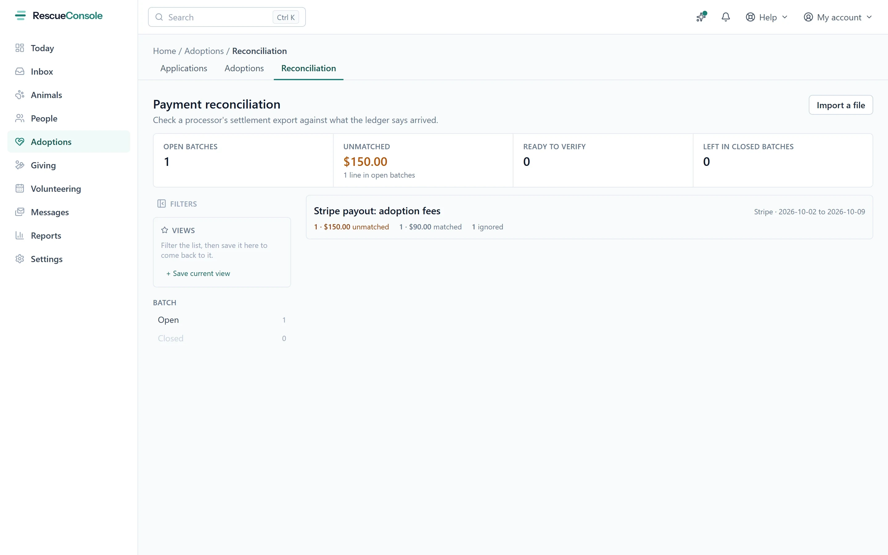 Payment reconciliation: a Stripe payout file of adoption fees with one line unmatched, called out in coral, and the batch’s matched and ignored lines.