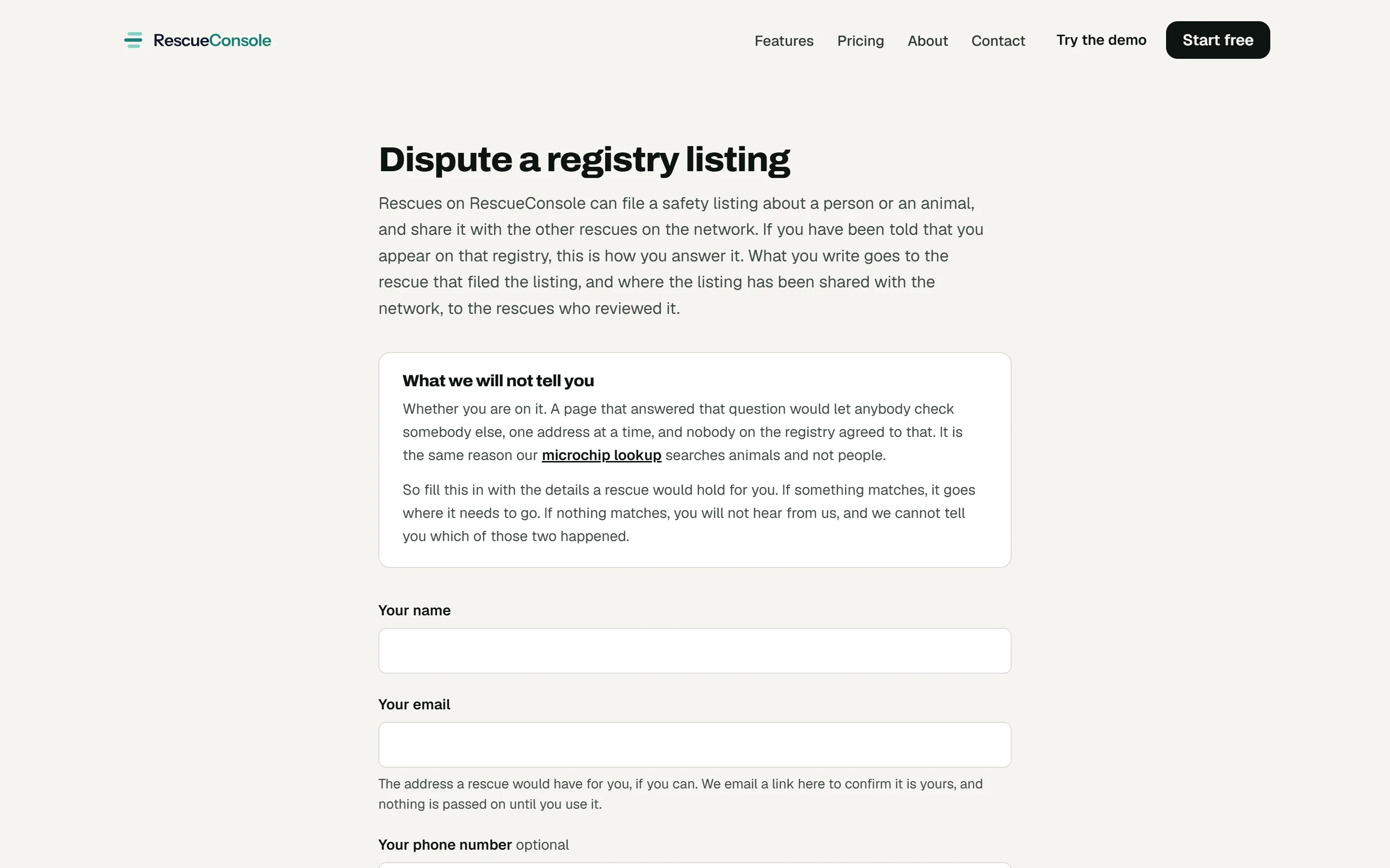 The public page to dispute a registry listing: what it will not tell you, and the name and email it starts with. Open it larger.