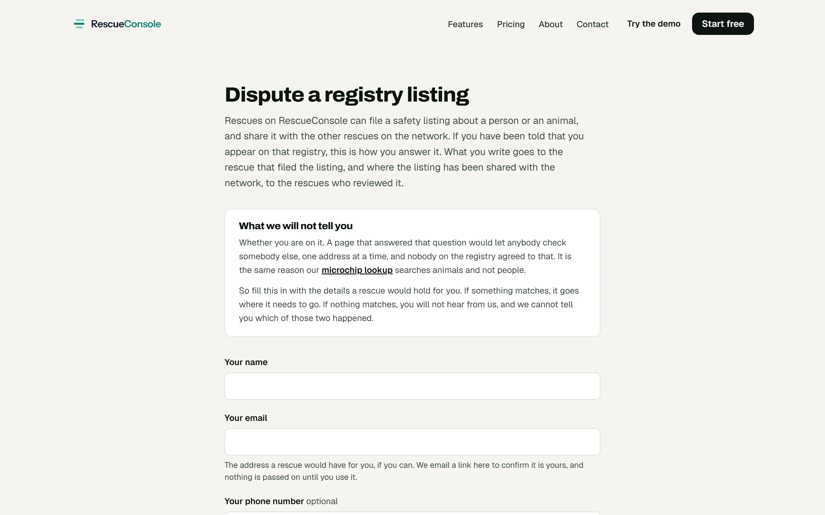 The public page to dispute a registry listing: what it will not tell you, and the name and email it starts with.