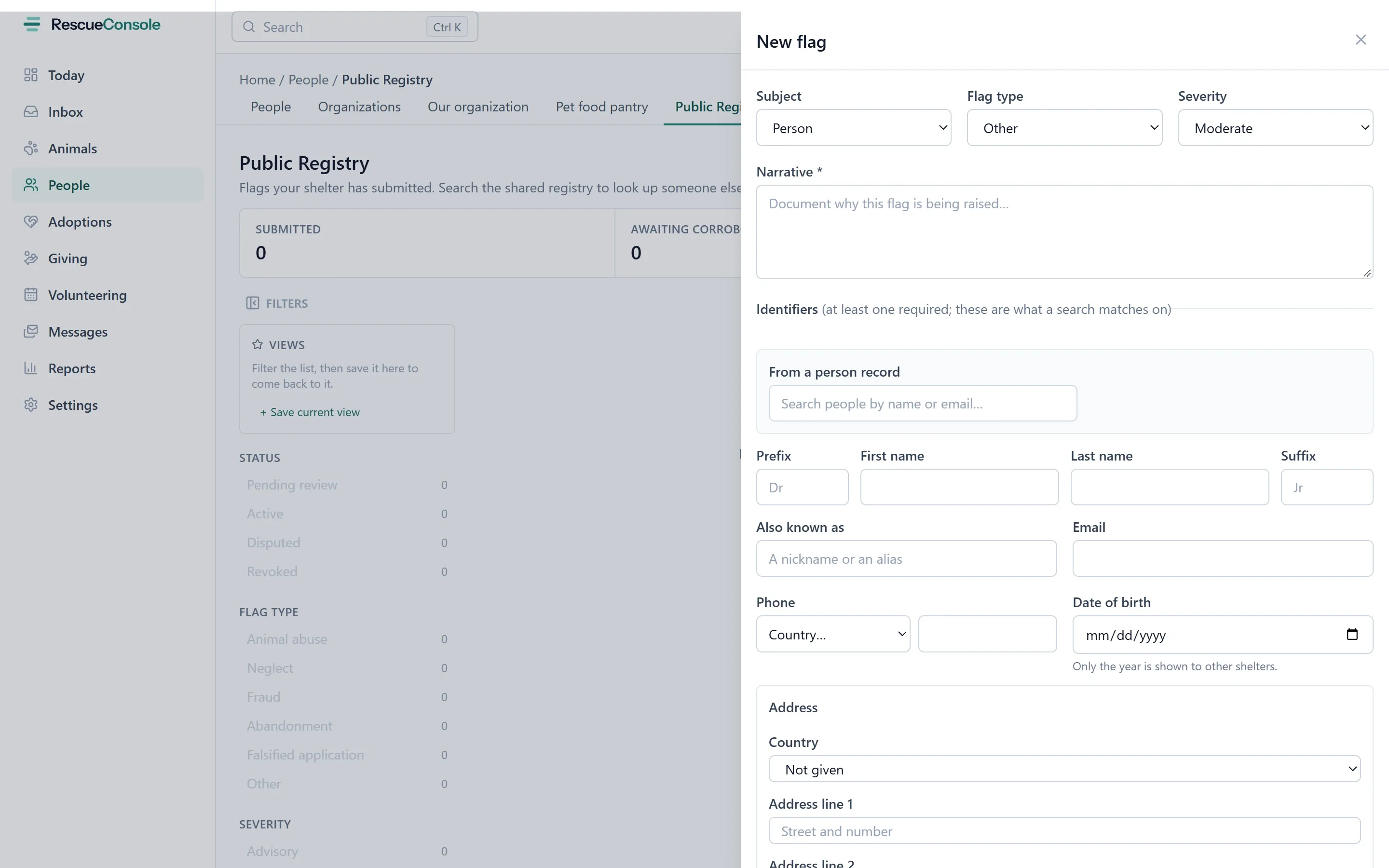The New flag form over the Public Registry: who or what it is about, the flag type and its severity, the narrative, and the identifiers a search matches on, a name, an alias, an email, a phone, a year of birth and an address. Open it larger.