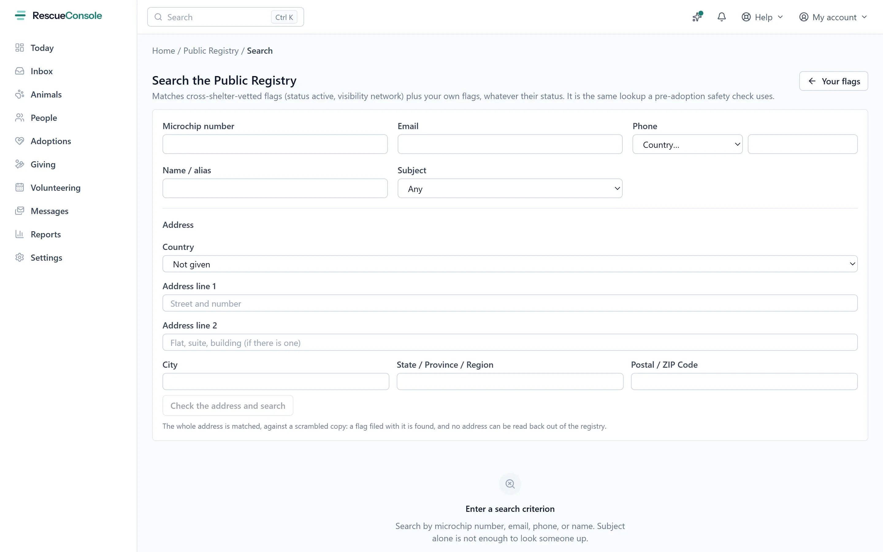 Searching the Public Registry: by microchip number, email, phone, name or alias, and an address, which is matched against a scrambled copy so no address can be read back out. Open it larger.