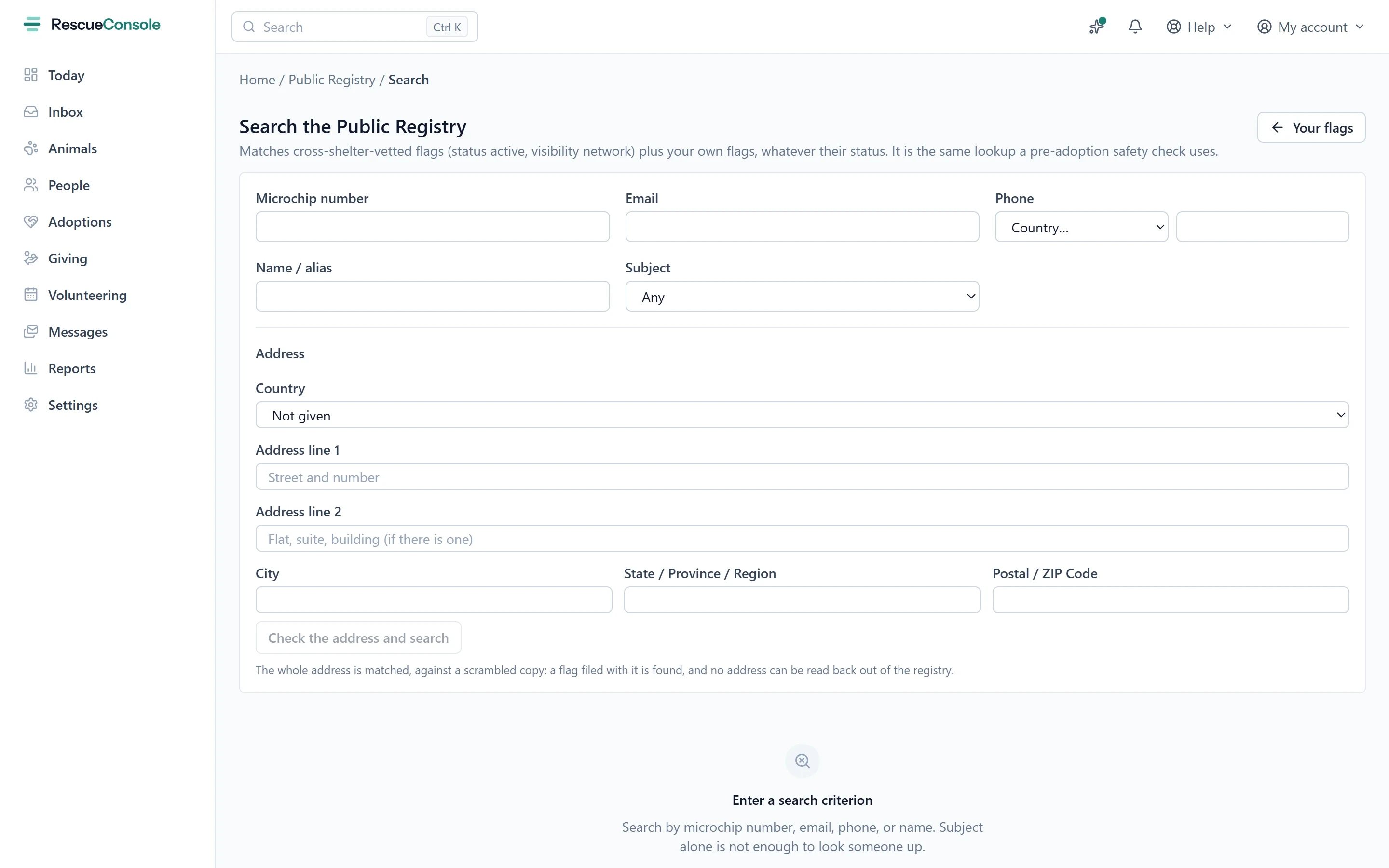 Searching the Public Registry: by microchip number, email, phone, name or alias, and an address, which is matched against a scrambled copy so no address can be read back out.