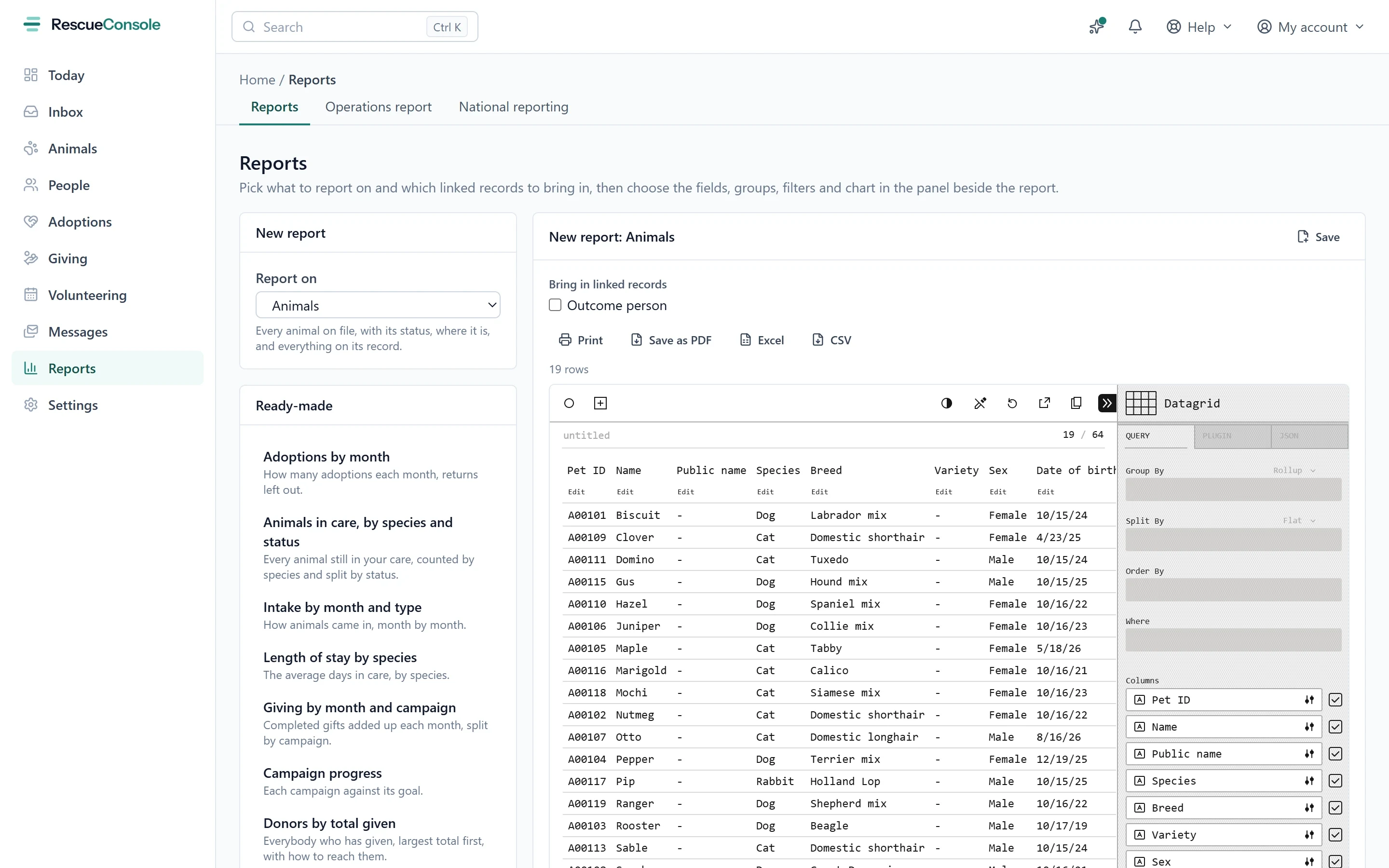 The Reports page: ready-made reports down the side, and a new report on animals in a grid with the panel that groups, filters and picks its columns, and buttons to print it, save it as a PDF, or open it in Excel or as a CSV.
