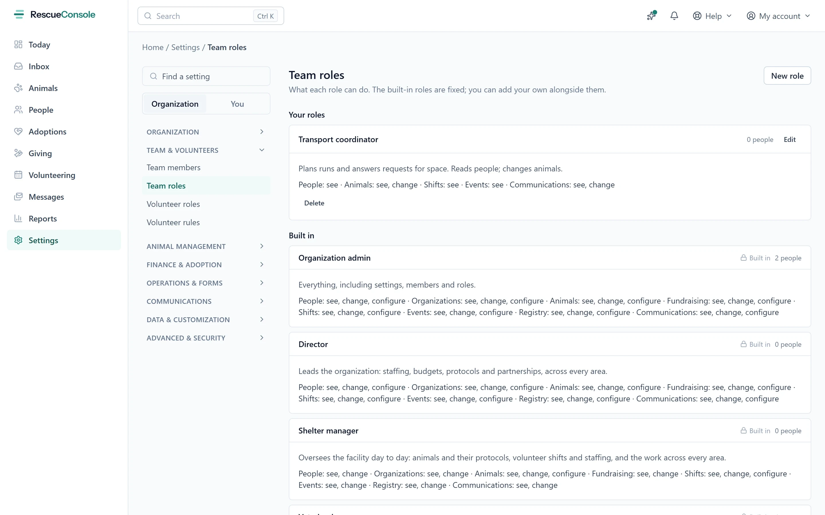 Team roles in Settings: a role of the rescue’s own, then the built-in roles, each saying what it may see, change and configure, area by area.