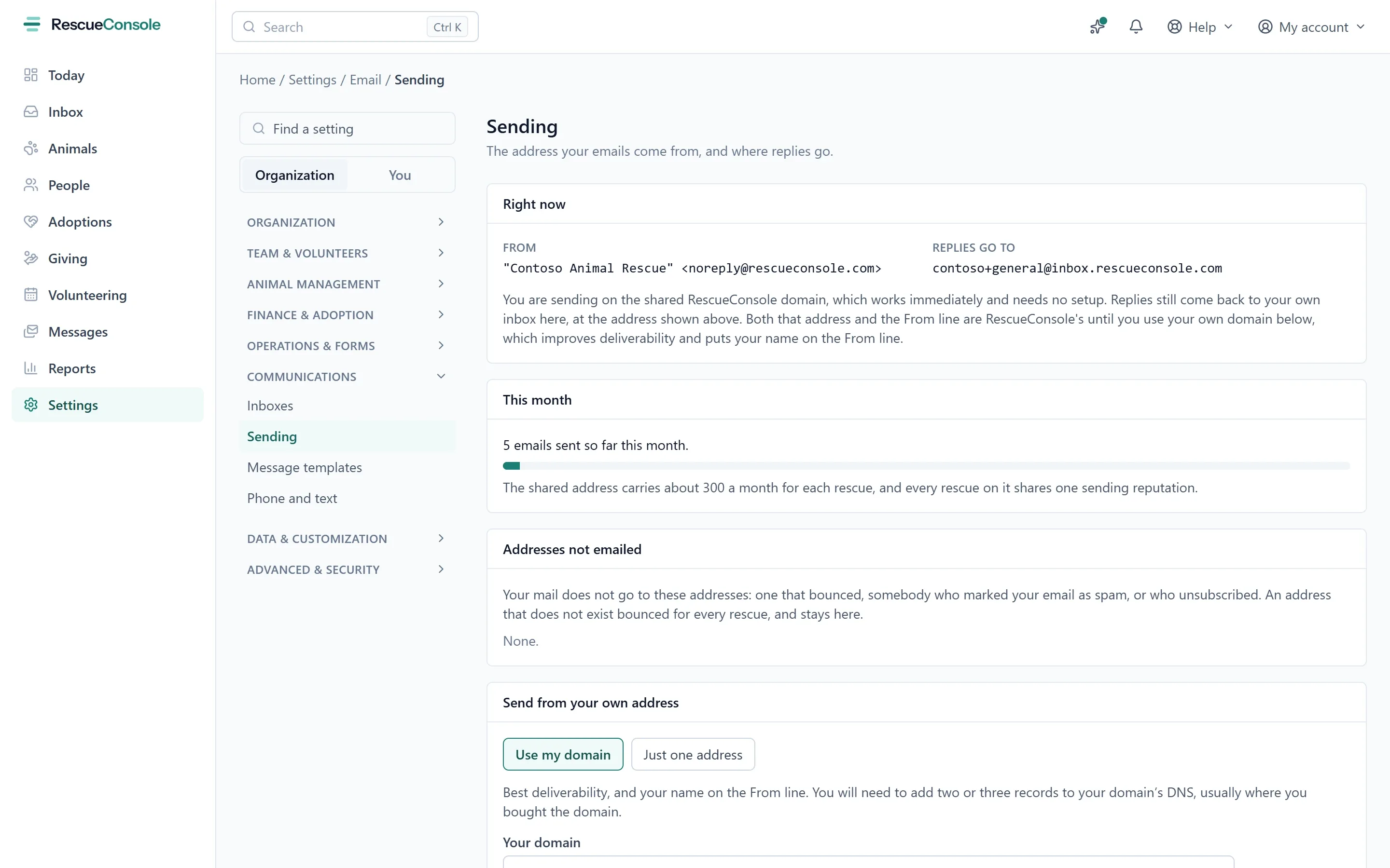 The Sending settings: the address emails come from and where replies go, how many have gone this month, the addresses not emailed, and Use my domain to send from your own. Open it larger.