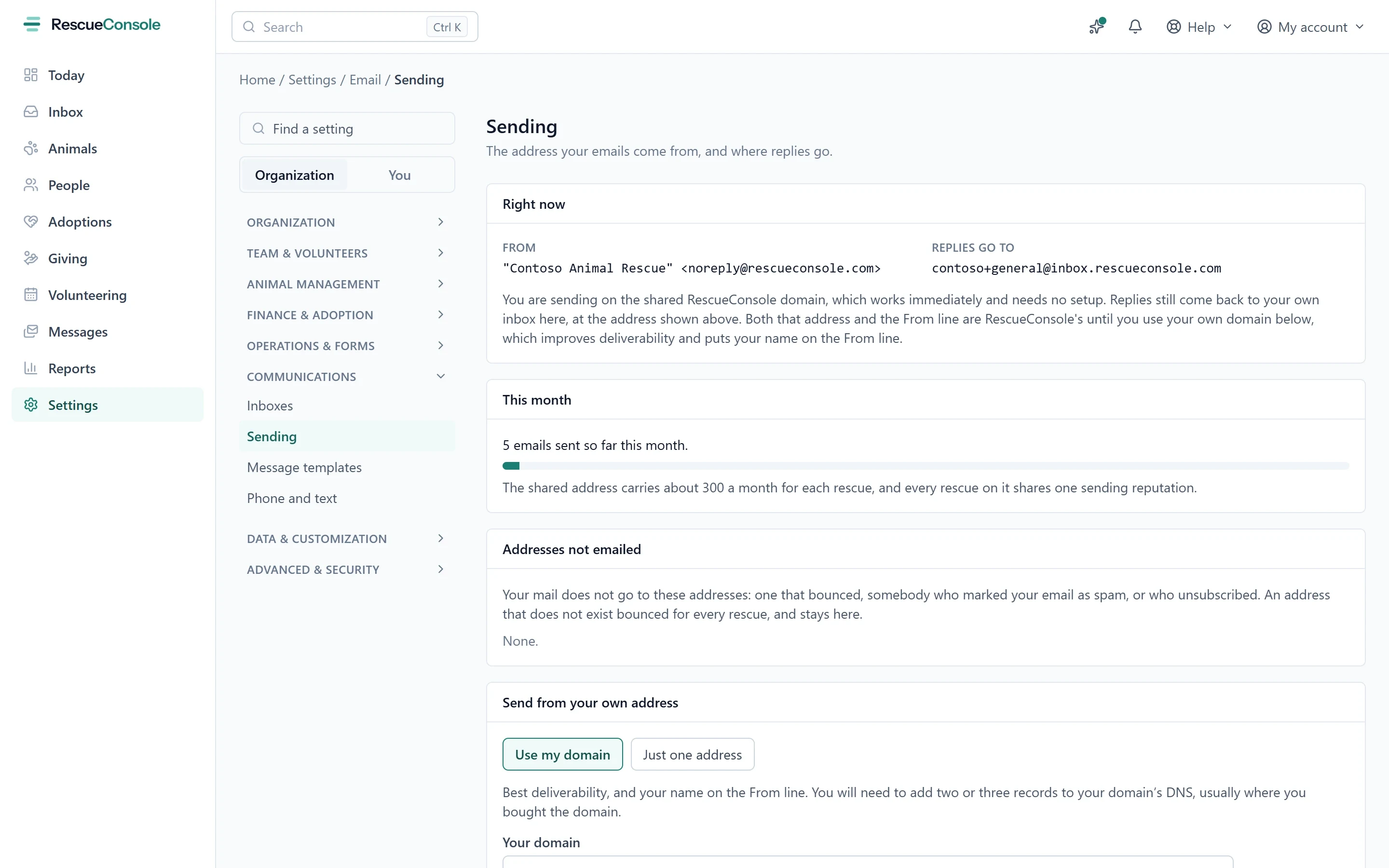The Sending settings: the address emails come from and where replies go, how many have gone this month, the addresses not emailed, and Use my domain to send from your own.