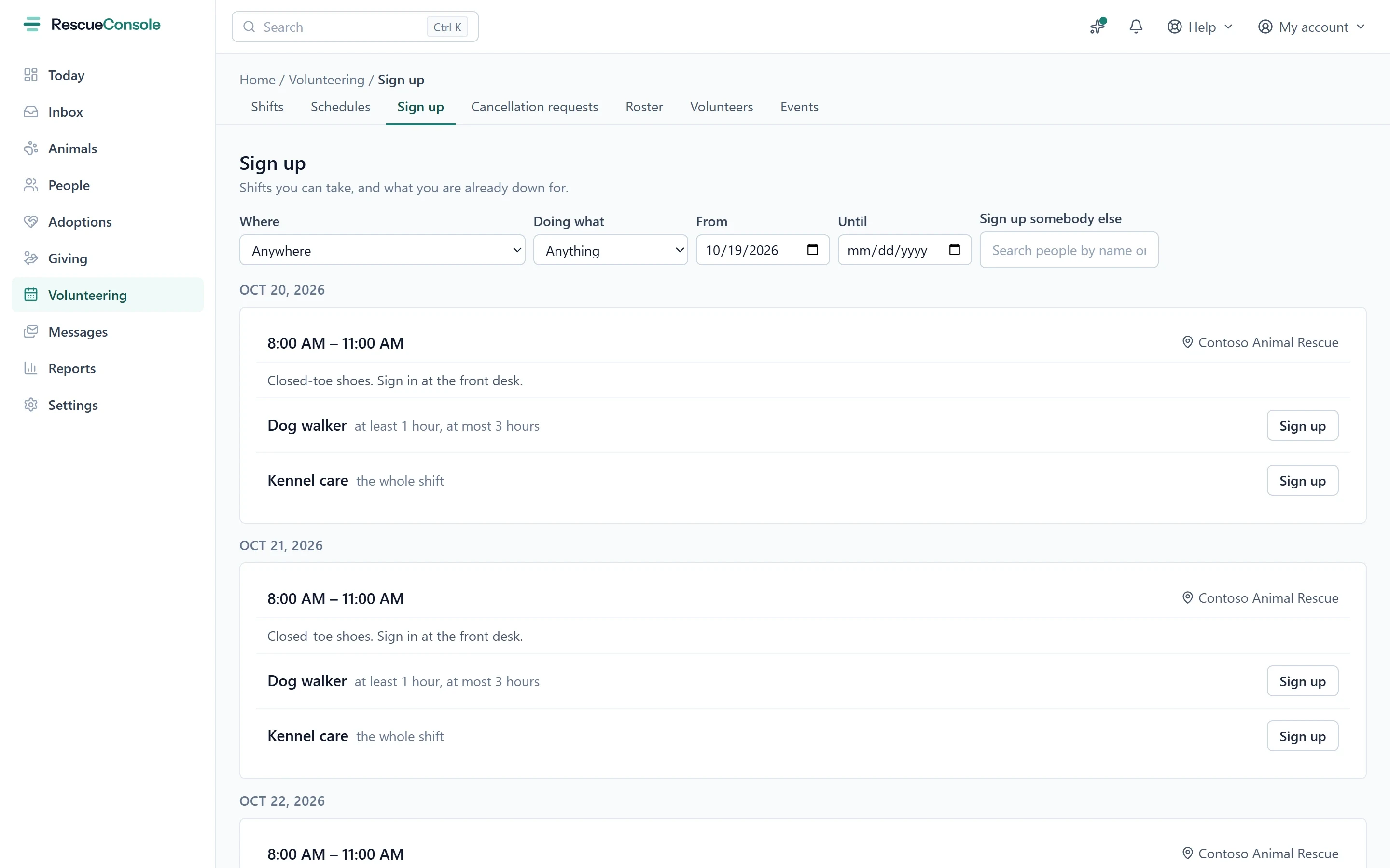 The Sign up page: the shifts ahead by day, each role with how long a volunteer may take it (a dog walker at least an hour and at most three, kennel care the whole shift) and a Sign up button.