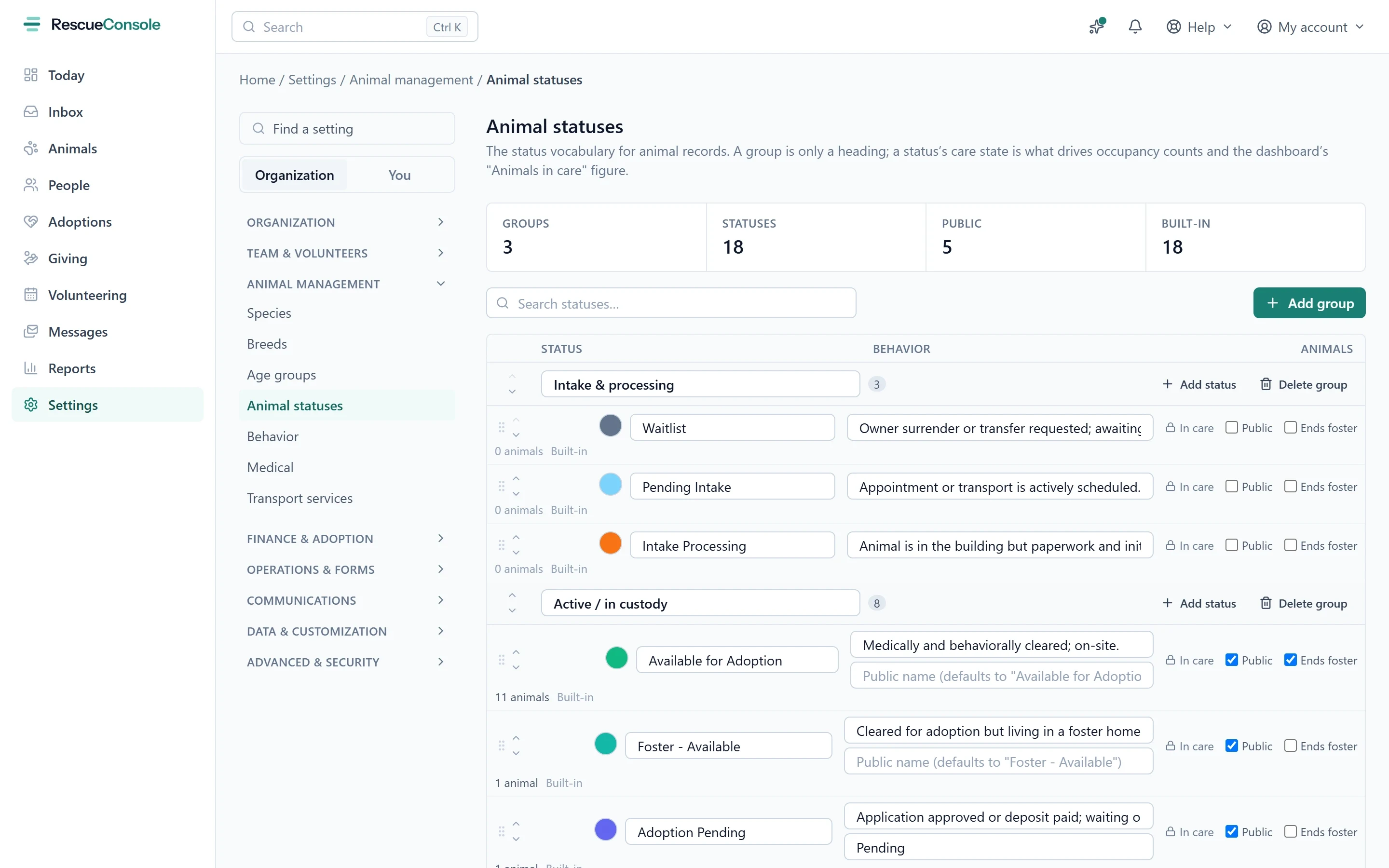 The Animal statuses settings page with groups, colors, care states and public toggles.