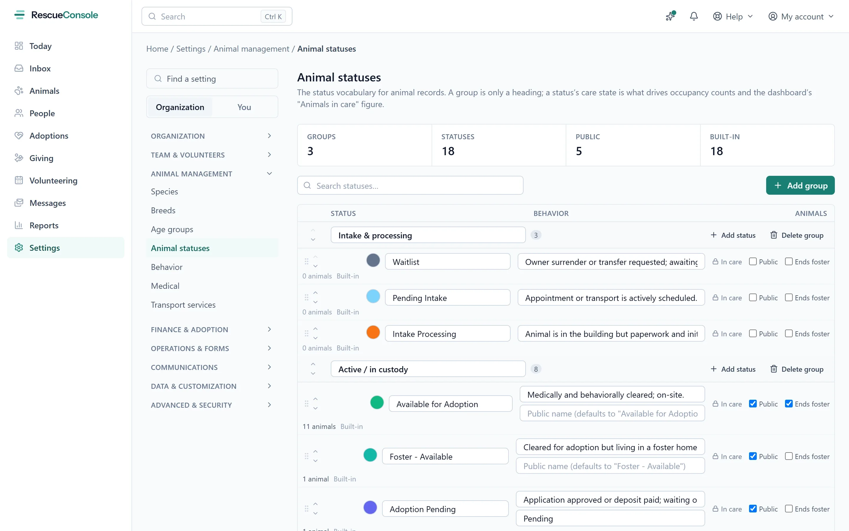 The Animal statuses settings page with groups, colors, care states and public toggles. Open it larger.