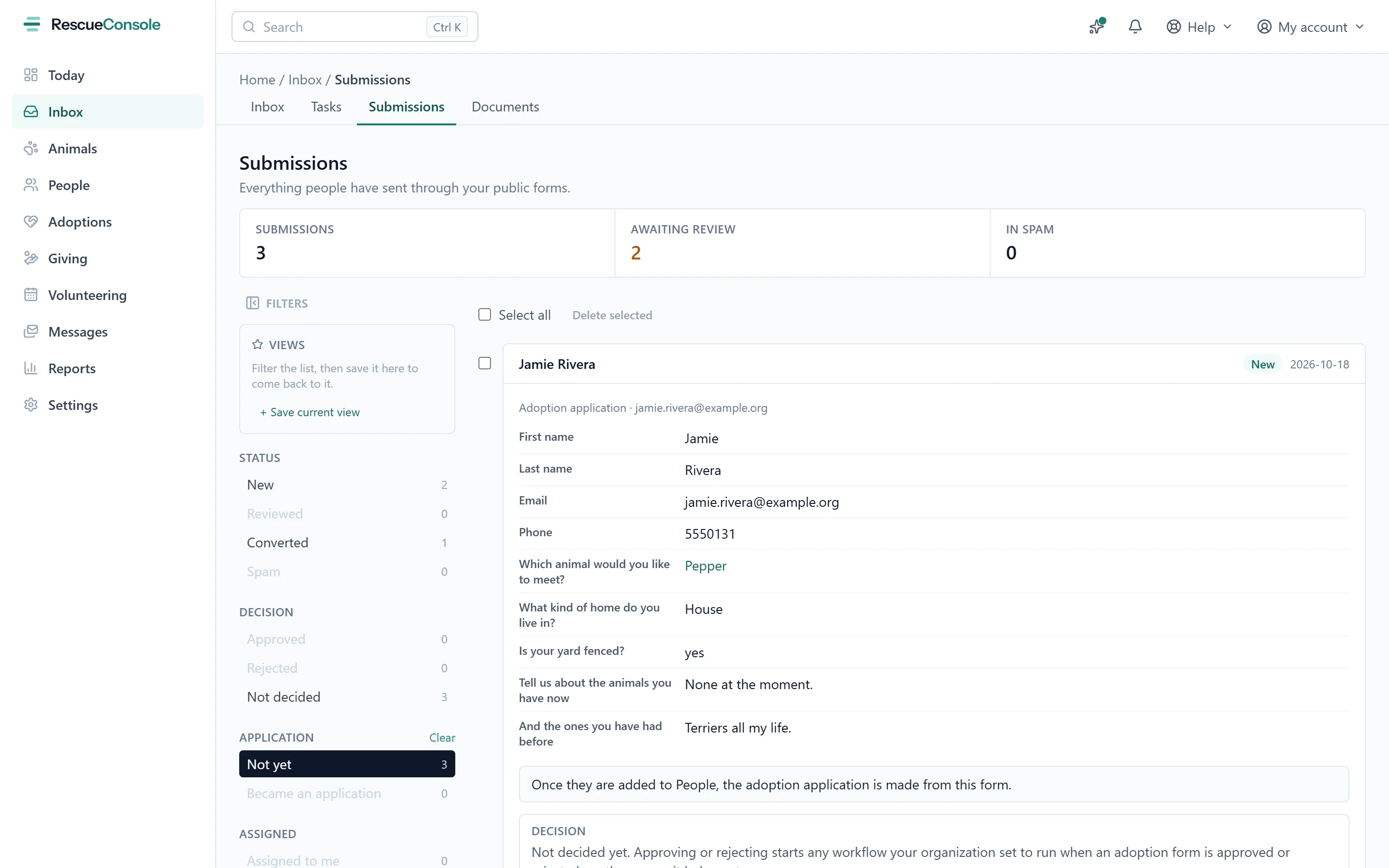 Submissions under the Inbox: how many there are and how many wait for review, a rail of status and decision, and an adoption application opened with its answers.