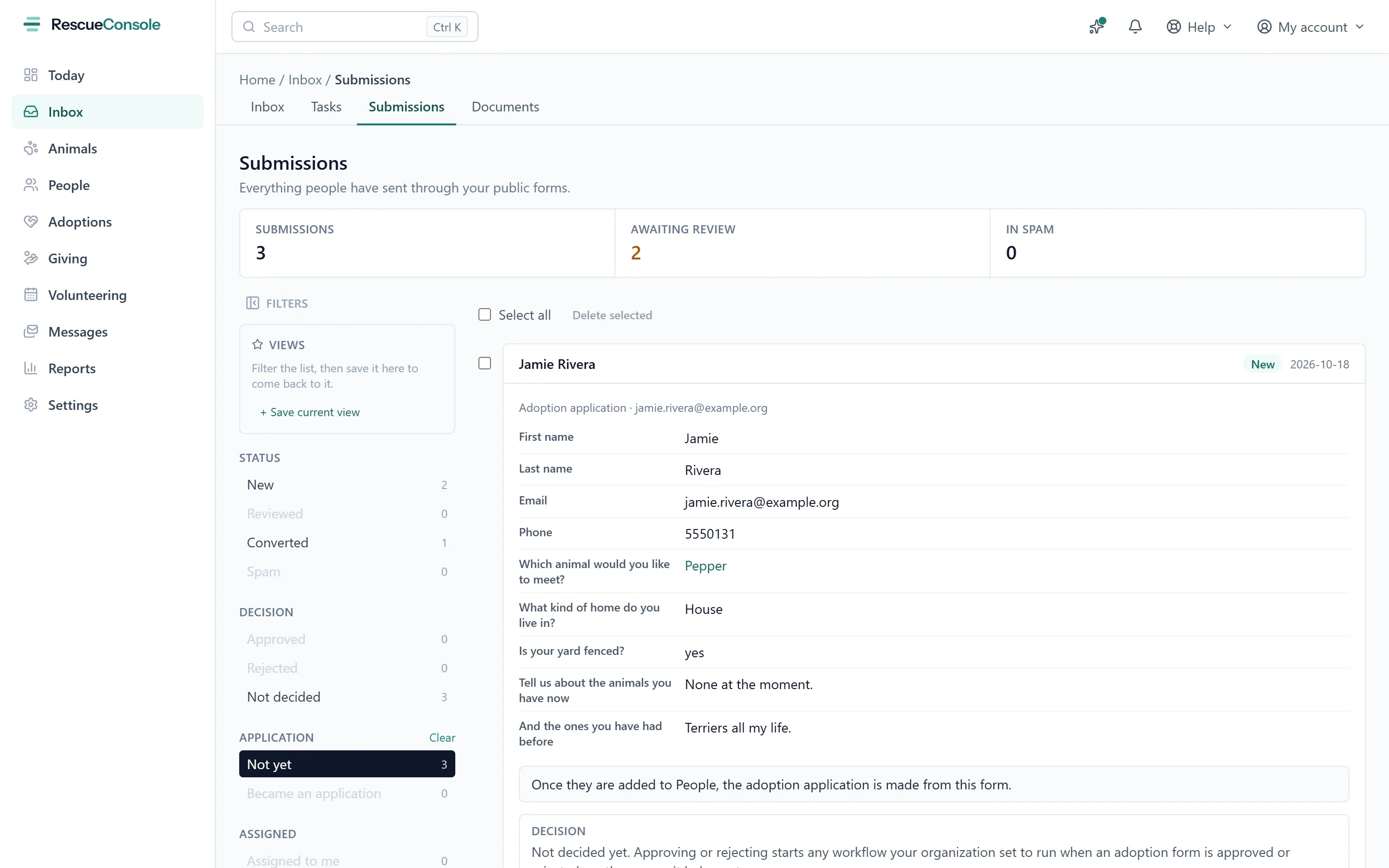 Submissions under the Inbox: how many there are and how many wait for review, a rail of status and decision, and an adoption application opened with its answers. Open it larger.