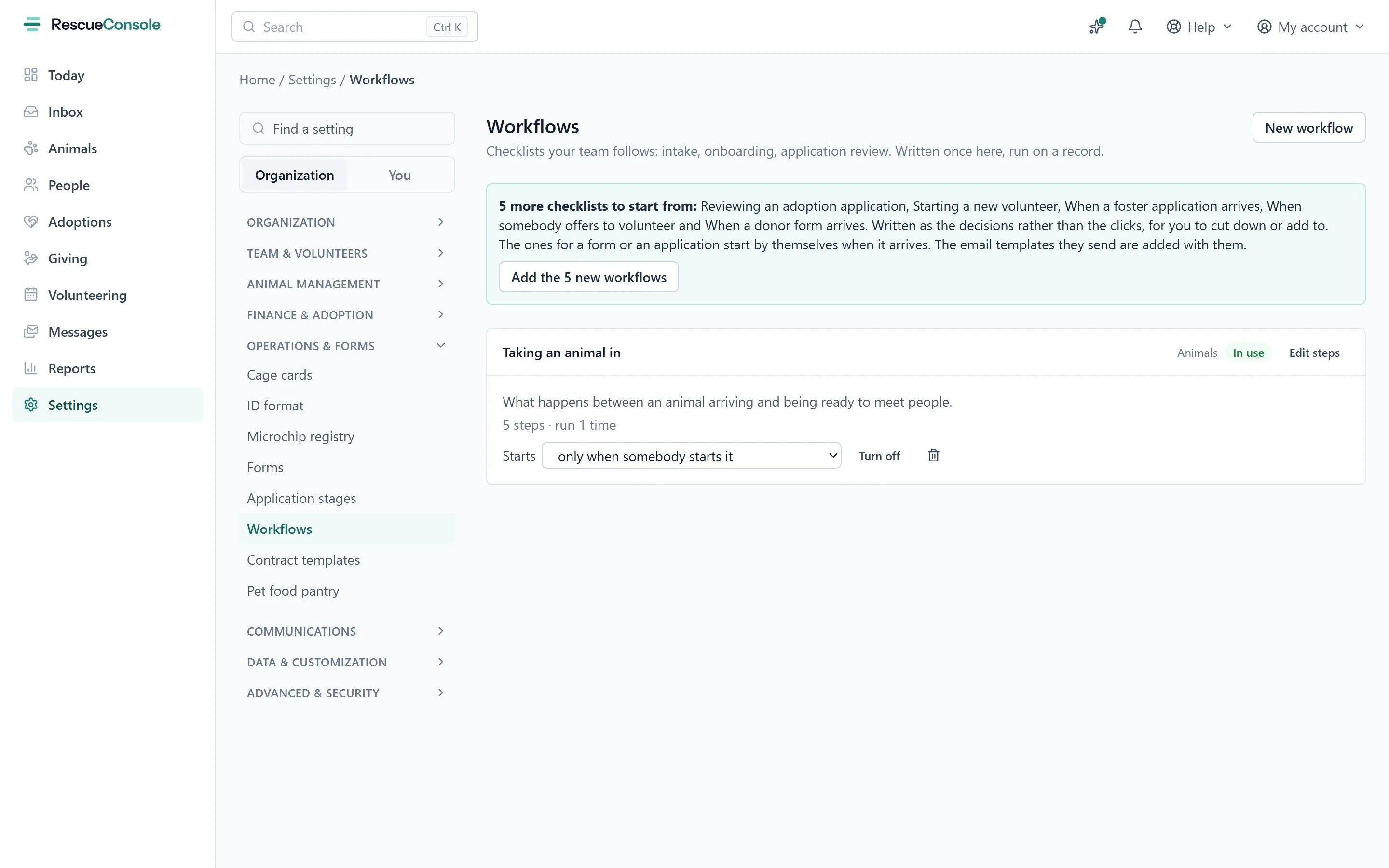 The Workflows settings page: the checklist the team follows when an animal arrives, with its steps, how often it has run and what starts it, and five more ready to add. Open it larger.